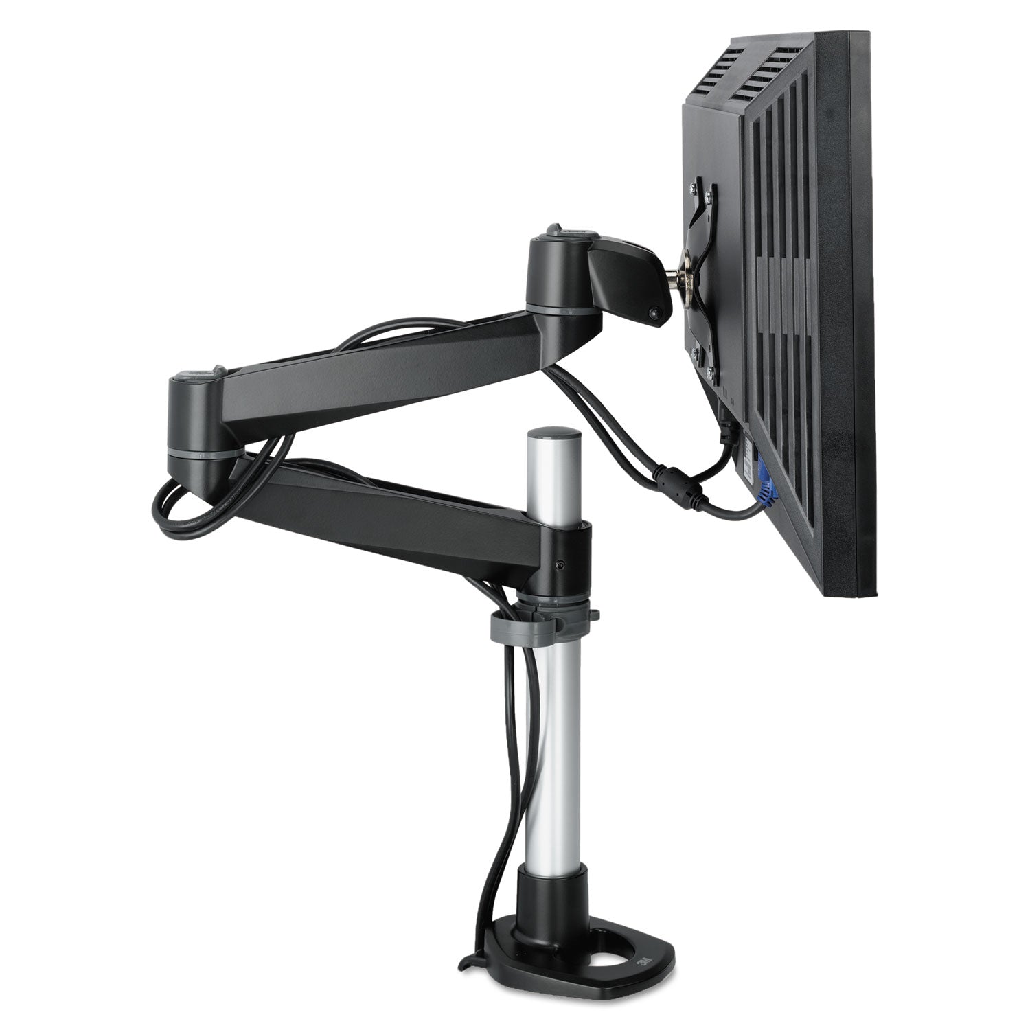 3M™ Dual-Swivel Monitor Arm, 360 Degree Rotation, +15 Degree/-90 Degree Tilt, 180 Degree Pan, Black/Gray, Supports 30 lbs