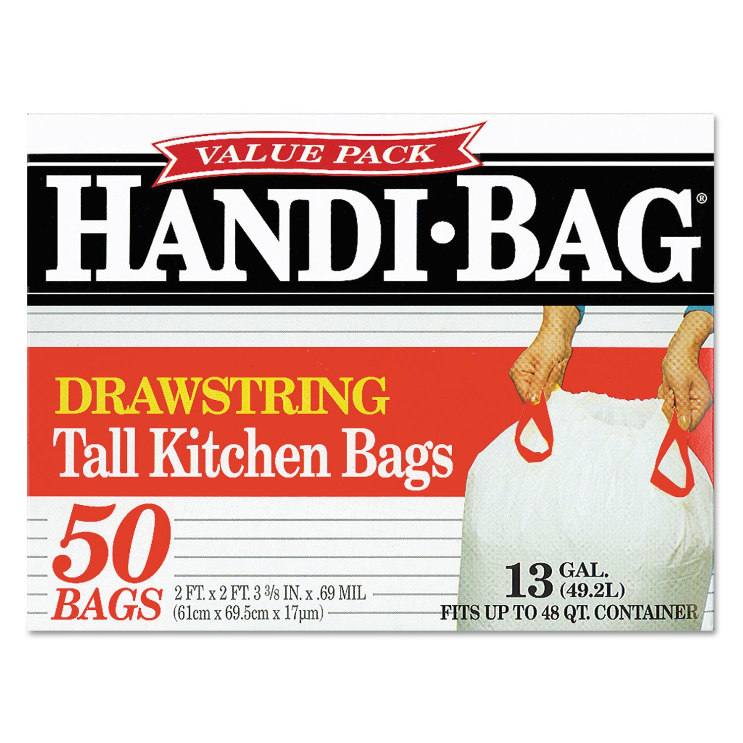 Handi-Bag® Drawstring Kitchen Bags, 13 gal, 24" x 27.4", White, 50 Bags/Box, 6 Boxes/Carton