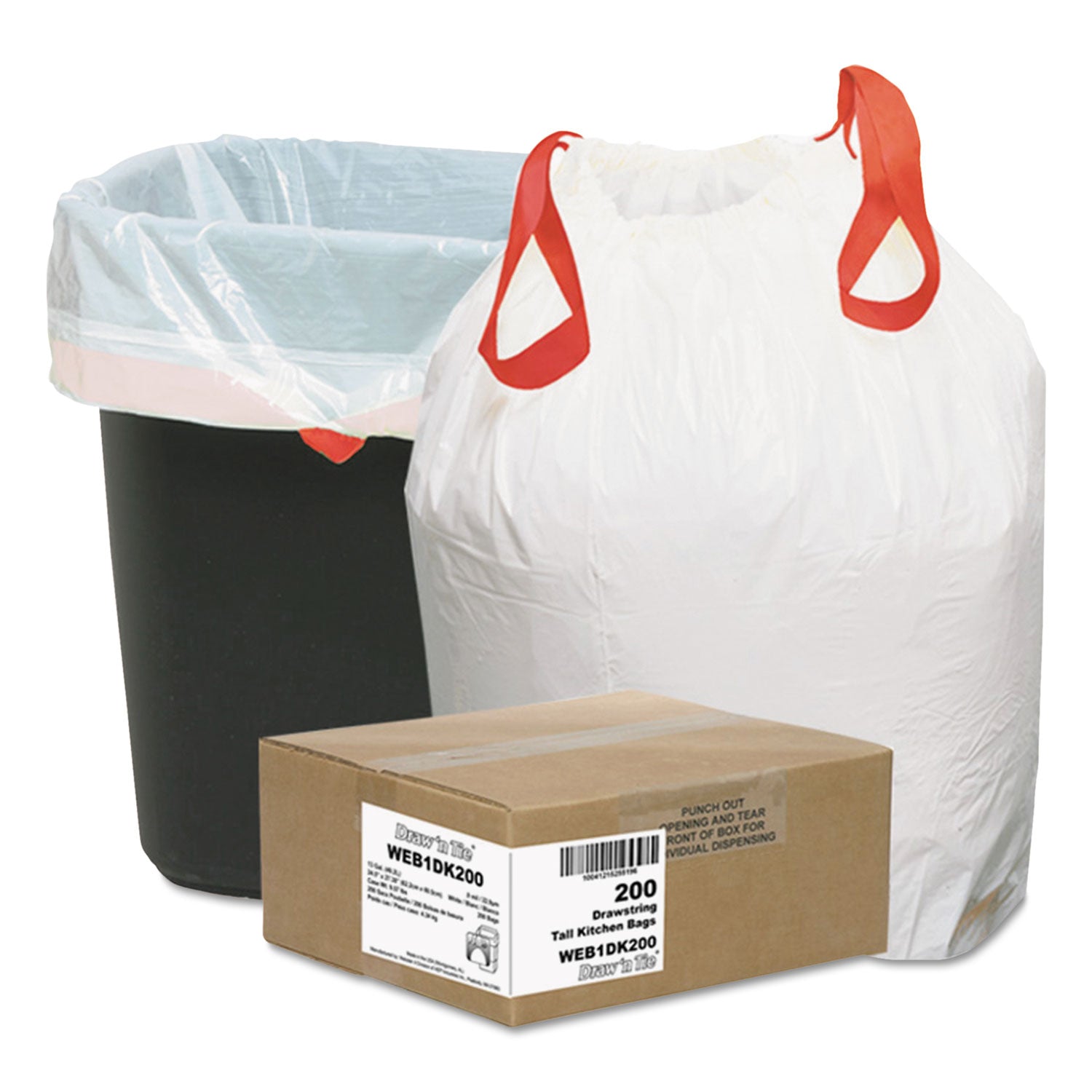 Heavy-Duty Trash Bags, Drawstring, 13 gal, 24.5" x 27.38", White, 50 Bags/Roll, 4 Rolls/Box