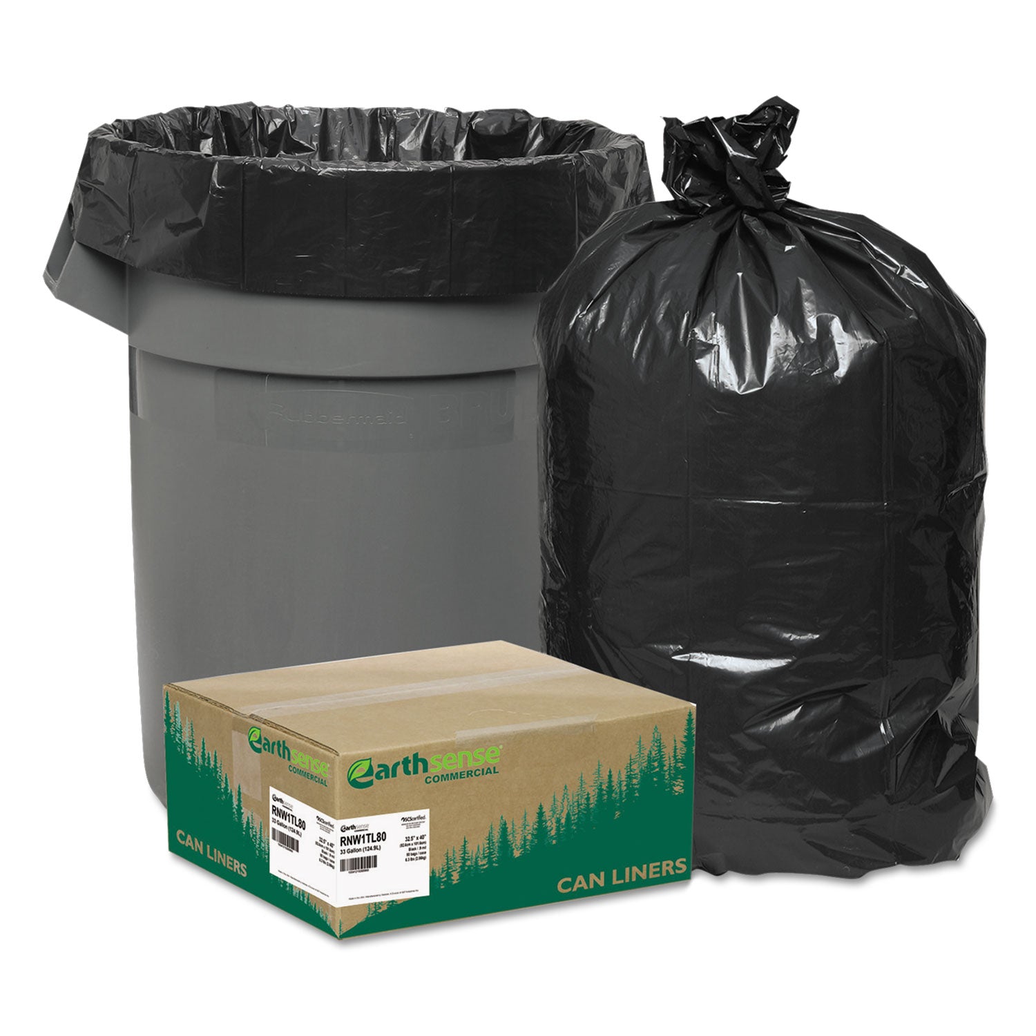 Earthsense® Commercial Linear Low Density Large Trash and Yard Bags, Open-Face, 33 gal, 0.9 mil, 32.5" x 40", Black, 80/Carton