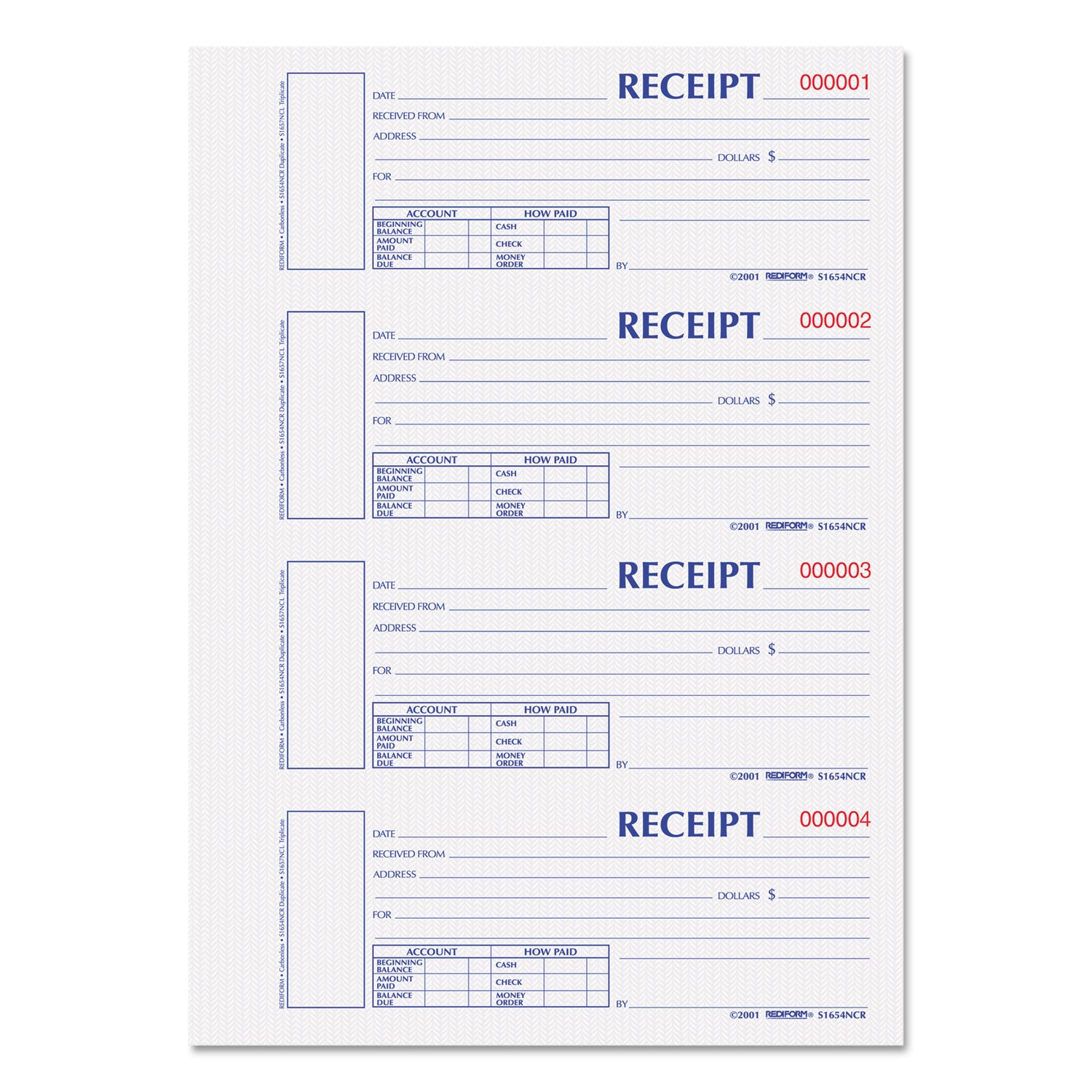 Durable Hardcover Numbered Money Receipt Book, Two-Part Carbonless, 6.88 x 2.75, 4 Forms/Sheet, 300 Forms Total