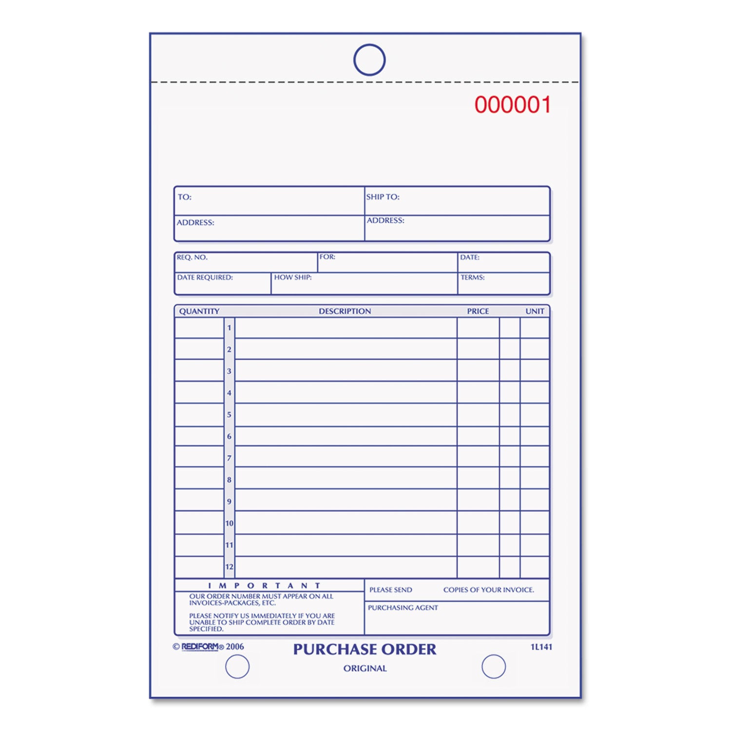 Purchase Order Book, 12 Lines, Three-Part Carbonless, 5.5 x 7.88, 50 Forms Total