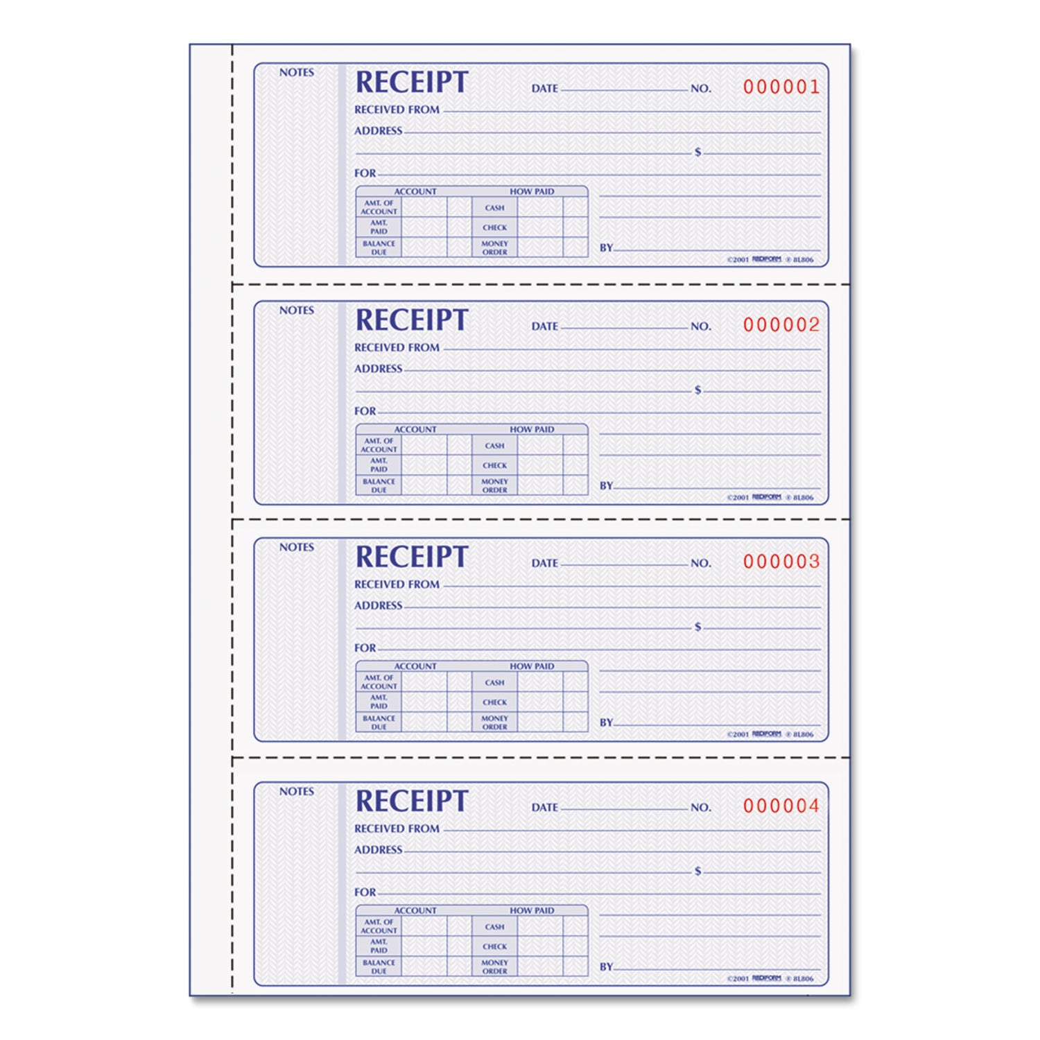 Money Receipt Book, Softcover, Two-Part Carbonless, 7 x 2.75, 4 Forms/Sheet, 200 Forms Total