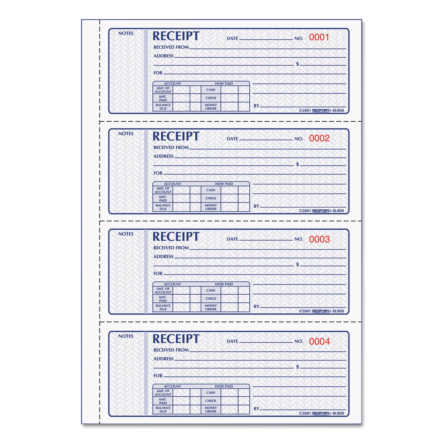 Money Receipt Book, FormGuard Cover, Three-Part Carbonless, 7 x 2.75, 4 Forms/Sheet, 100 Forms Total