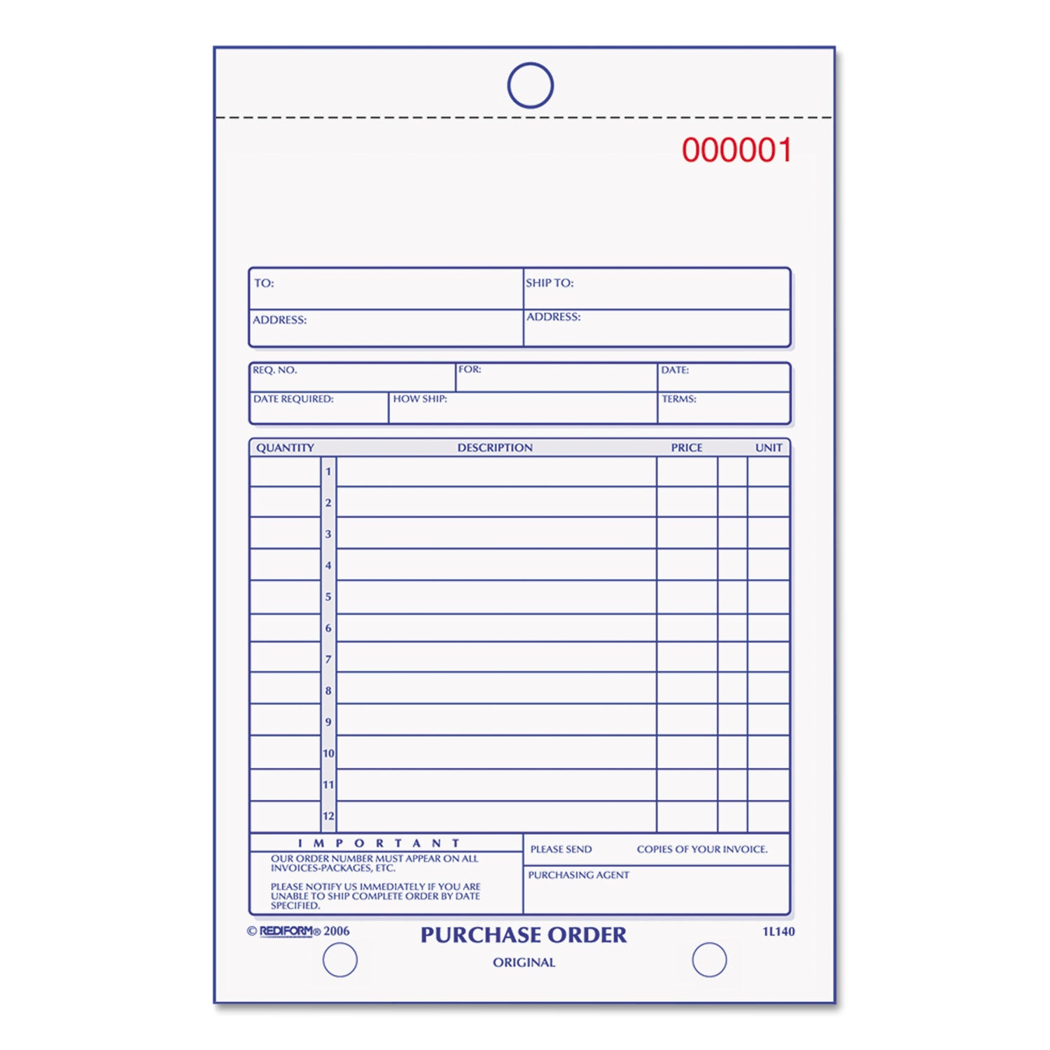 Purchase Order Book, 12 Lines, Two-Part Carbonless, 5.5 x 7.88, 50 Forms Total