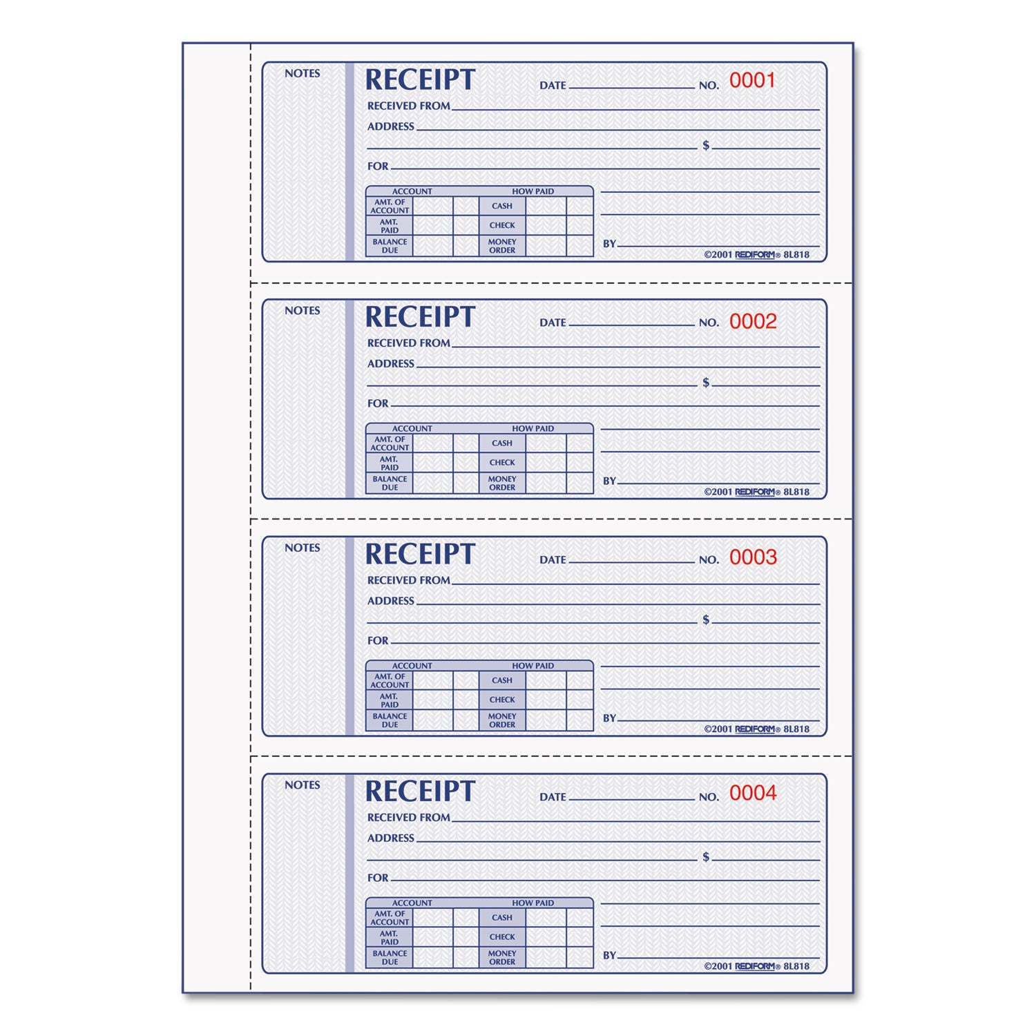 Money Receipt Book, Hardcover, Three-Part Carbonless, 7 x 2.75, 4 Forms/Sheet, 200 Forms Total