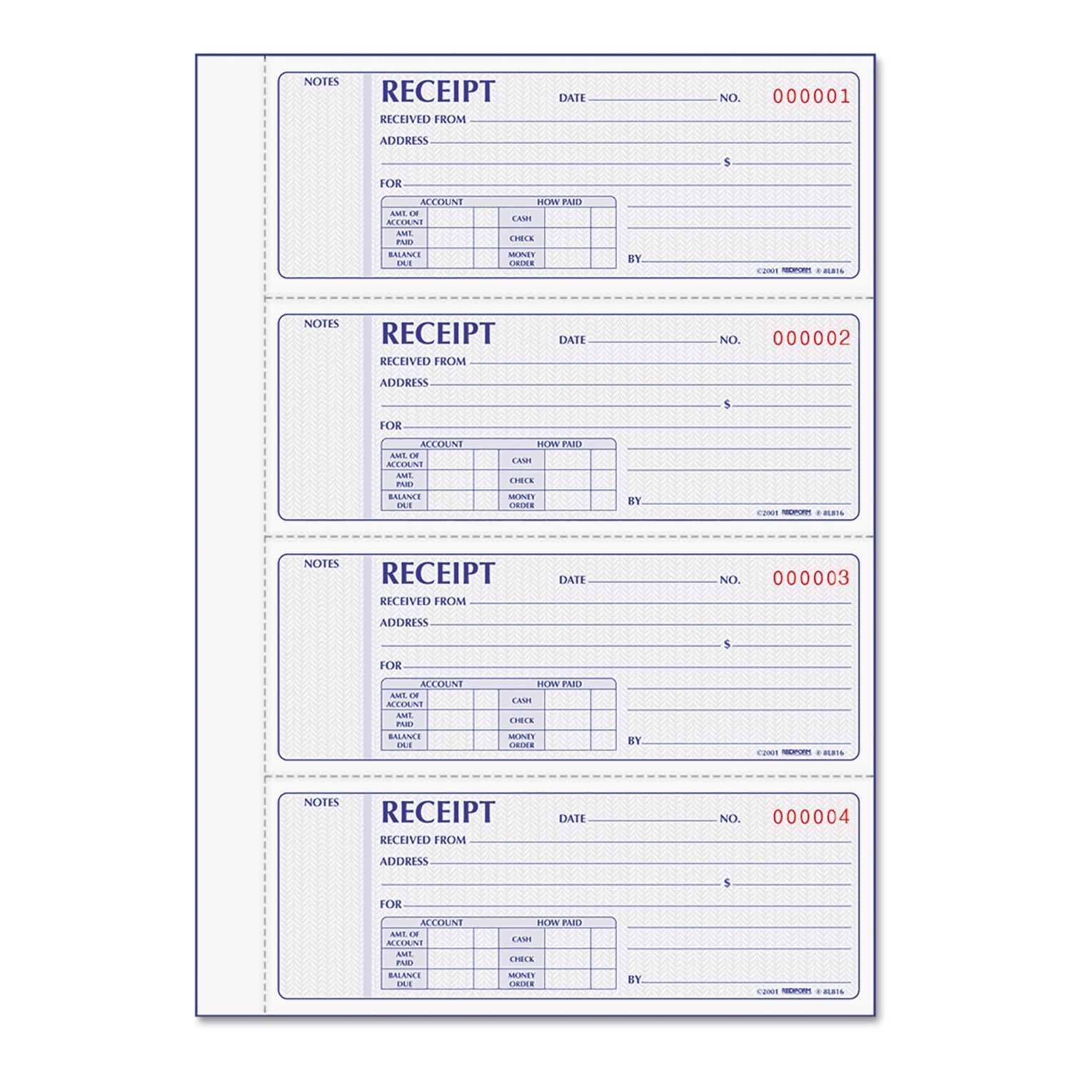 Receipt Book, Two-Part Carbonless, 7 x 2.75, 4 Forms/Sheet, 400 Forms Total