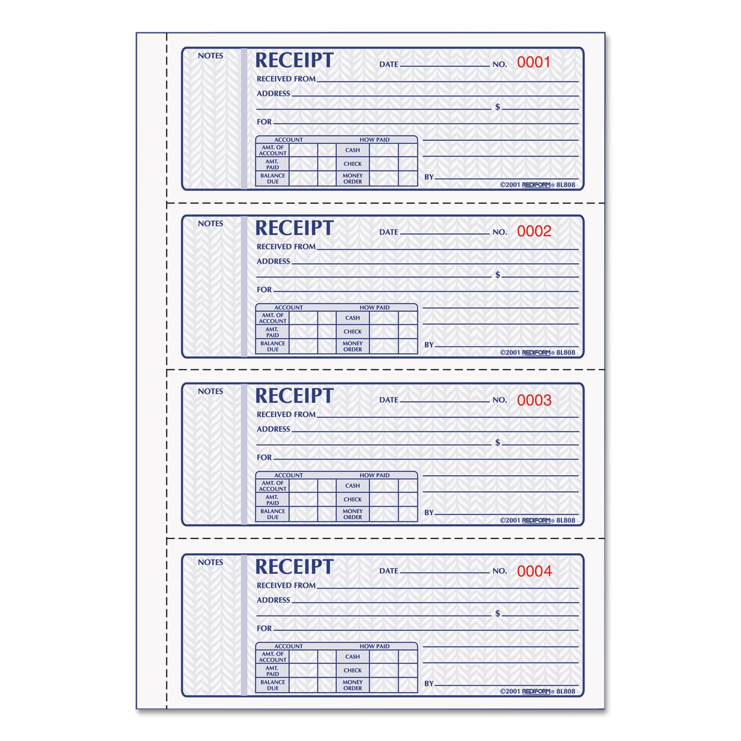 Money Receipt Book, Softcover, Three-Part Carbonless, 7 x 2.75, 4 Forms/Sheet, 100 Forms Total