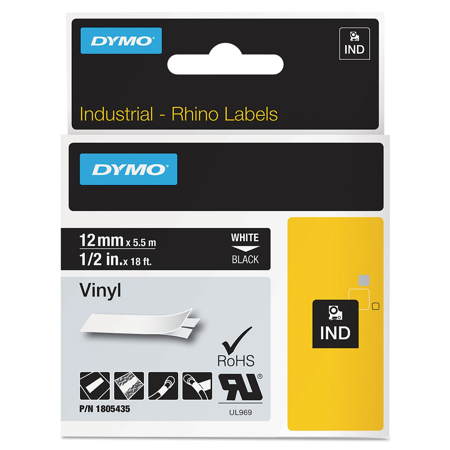 Rhino Permanent Vinyl Industrial Label Tape, 0.5" x 18 ft, Black/White Print