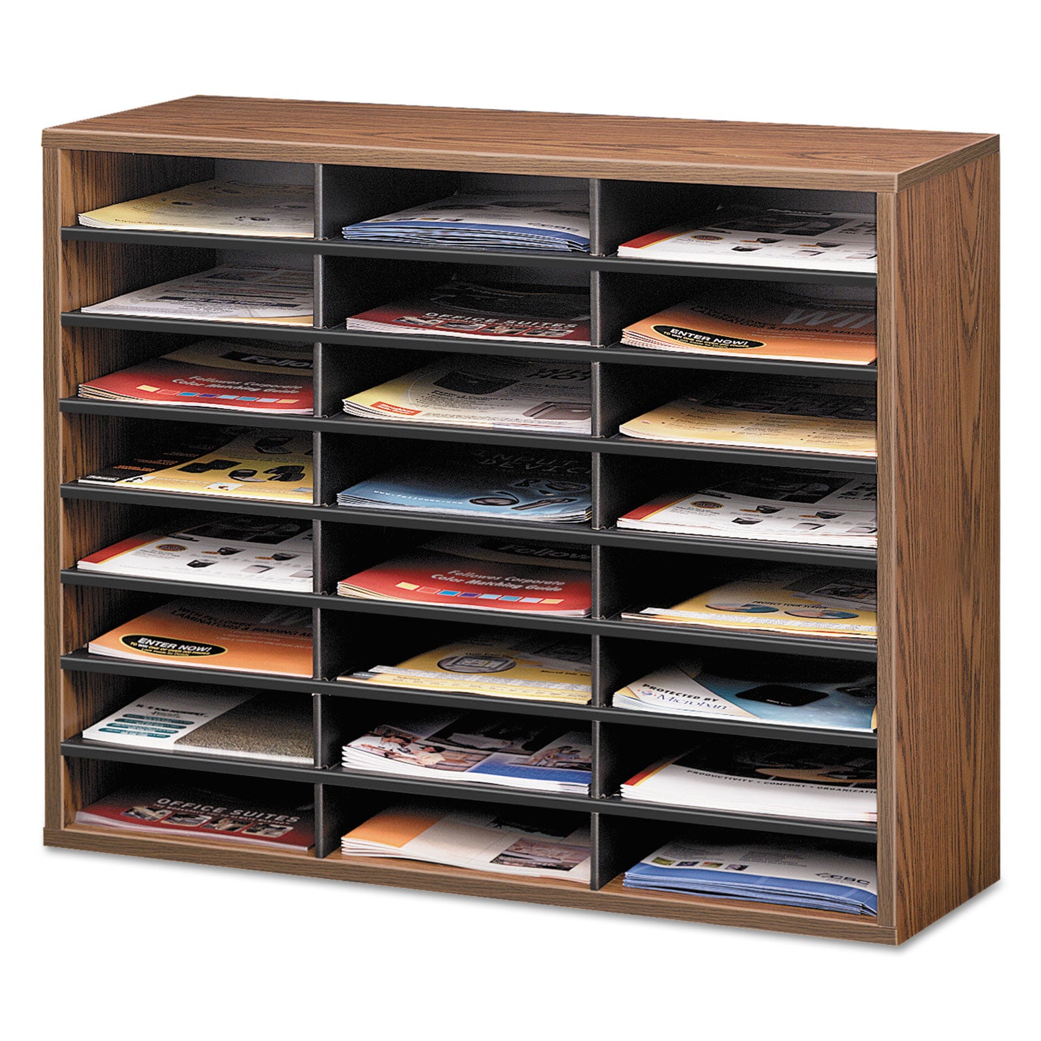 Fellowes® Literature Organizer, 24 Letter Compartments, 29 x 11.88 x 23.44, Medium Oak