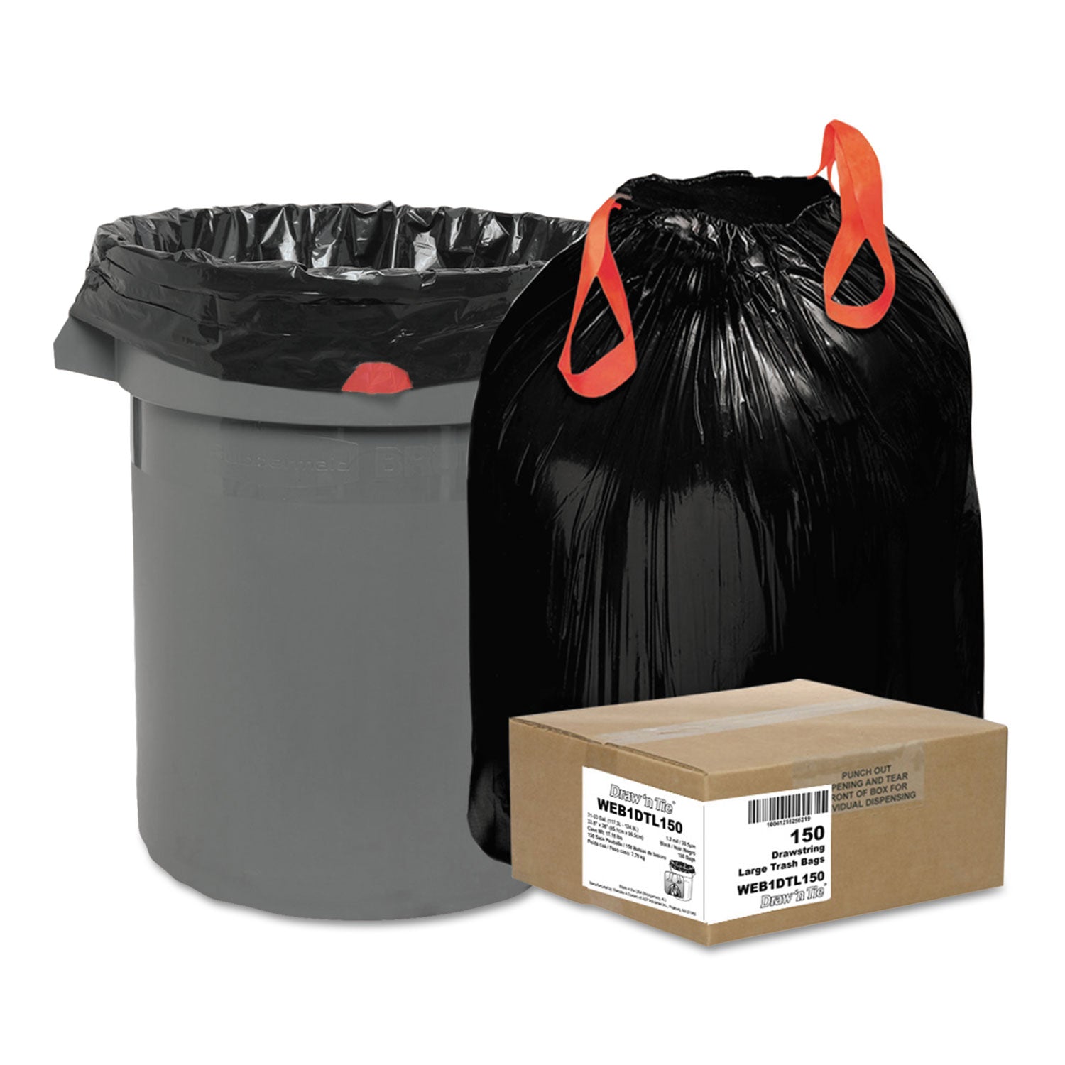 Heavy-Duty Trash Bags, Drawstring, 33 gal, 1.2 mil, 33.5" x 38", Black, 25 Bags/Roll, 6 Rolls/Box