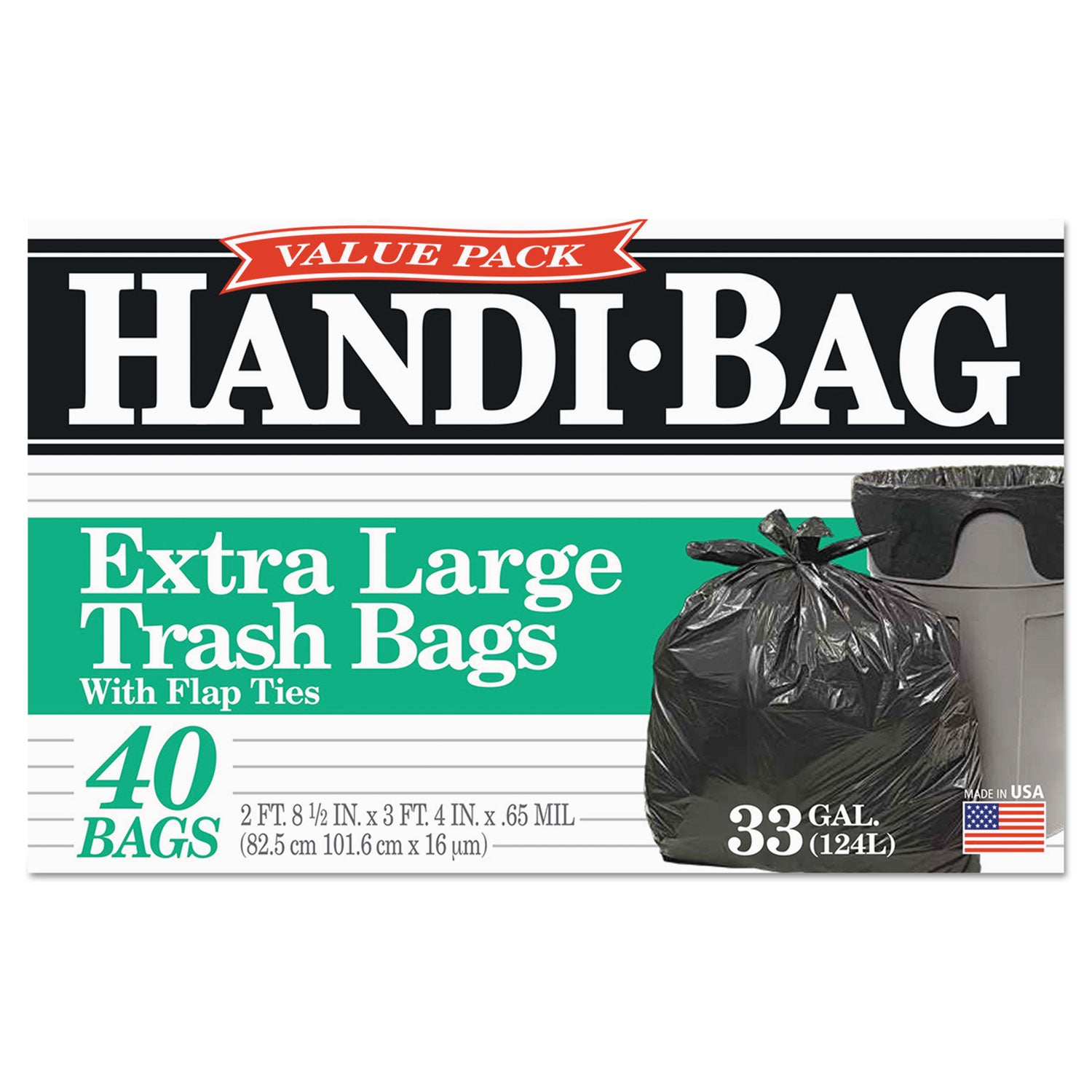 Handi-Bag® Super Value Pack Can Liners, 33 gal, 0.65 mil, 32.5" x 40", Black, 40/Box