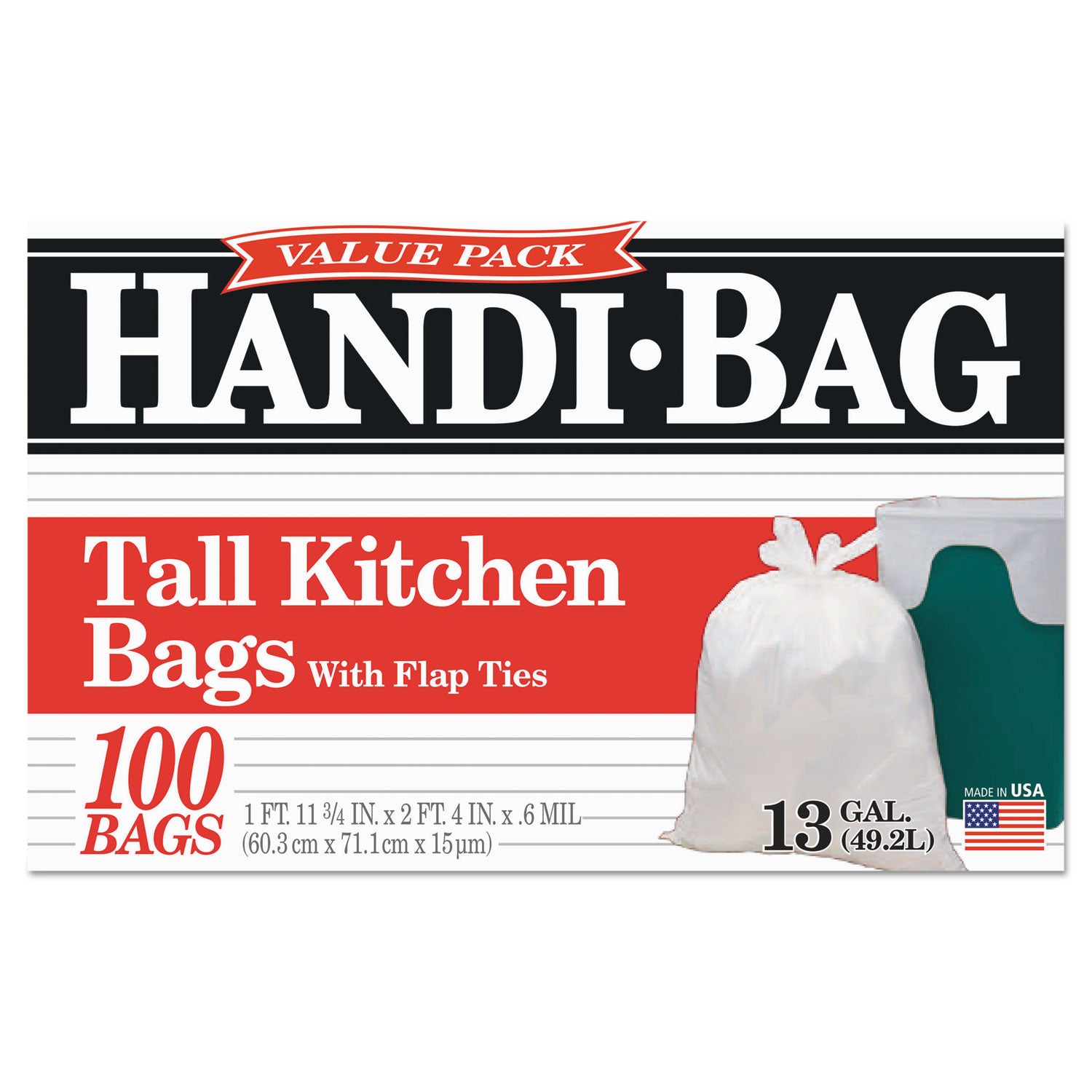 Handi-Bag® Super Value Pack Can Liners, 13 gal, 0.6 mil, 23.75" x 28", White, 100 Bags/Box, 6 Boxes/Carton