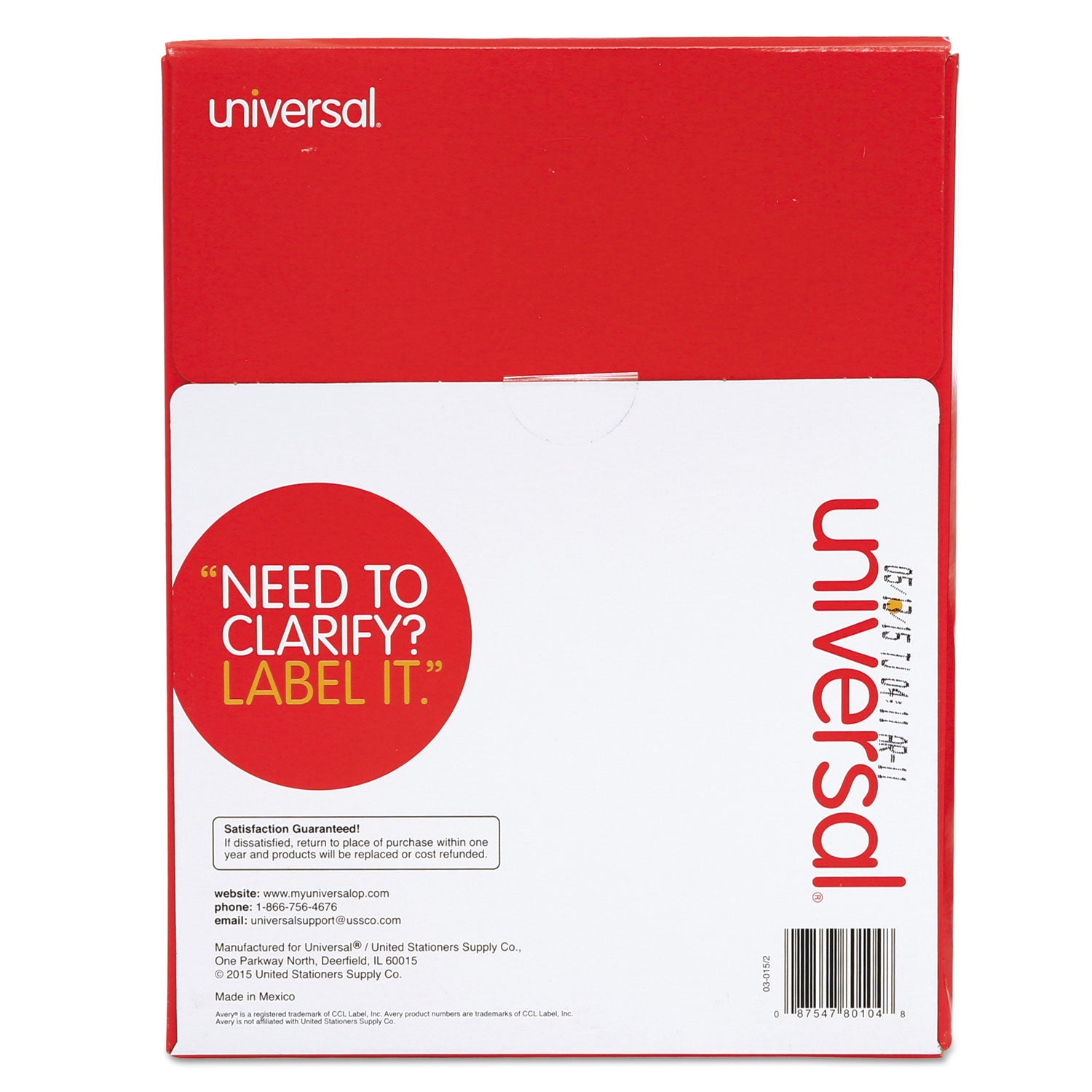 Universal® White Labels, Inkjet/Laser Printers, 1 x 4, White, 20/Sheet, 100 Sheets/Box