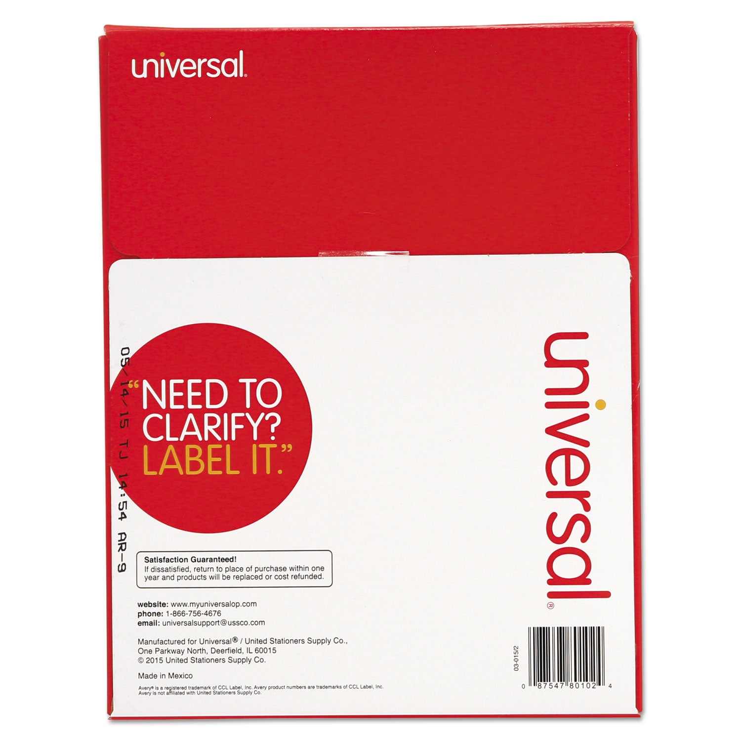 Universal® White Labels, Inkjet/Laser Printers, 1 x 2.63, White, 30/Sheet, 100 Sheets/Box