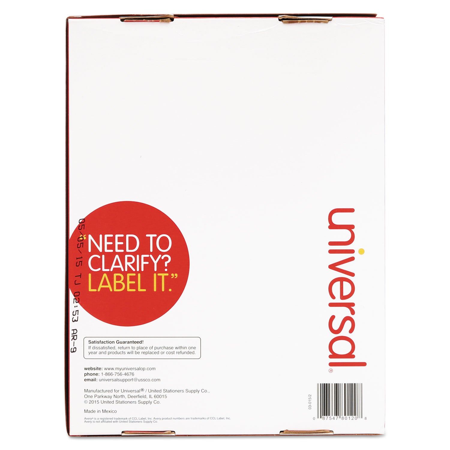 Universal® White Labels, Inkjet/Laser Printers, 1 x 2.63, White, 30/Sheet, 250 Sheets/Pack