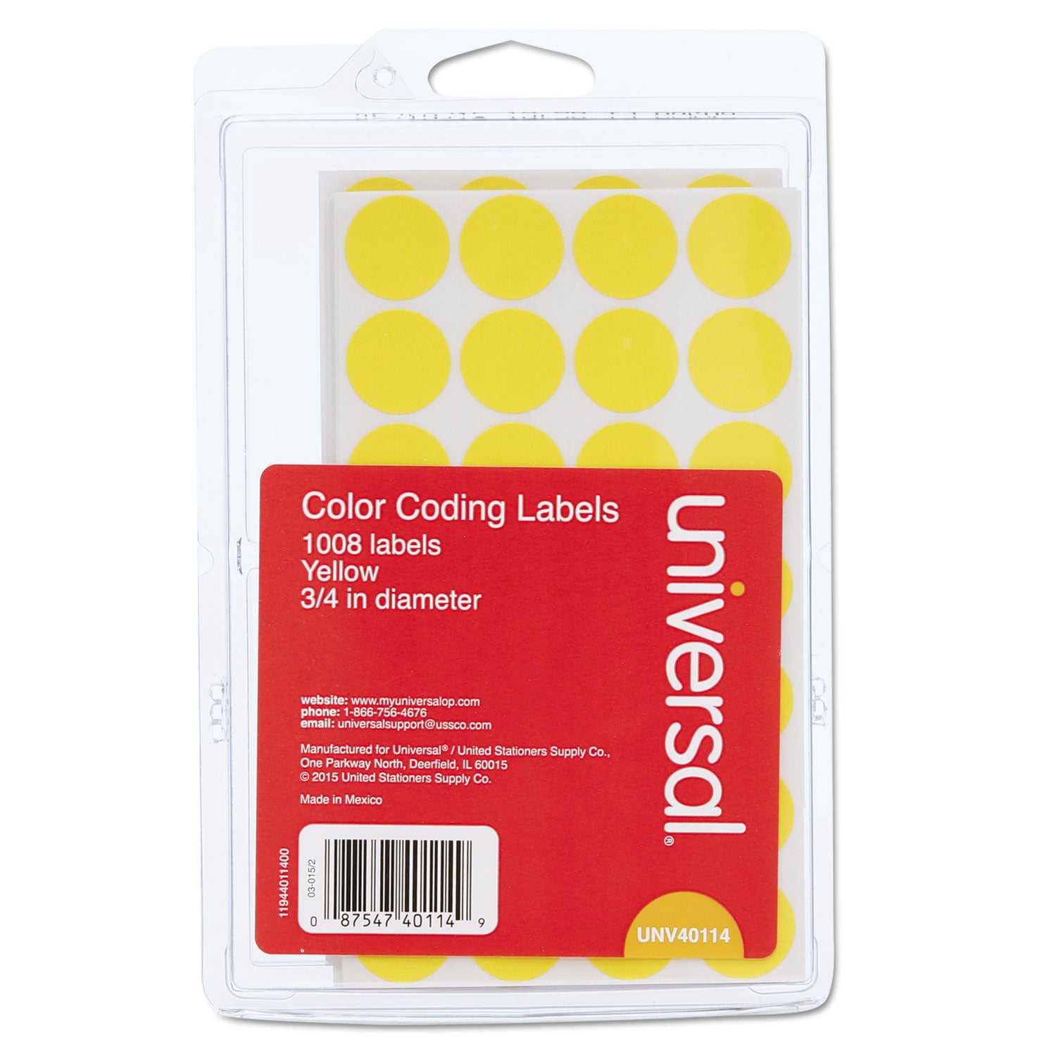 Universal® Self-Adhesive Removable Color-Coding Labels, 0.75" dia, Yellow, 28/Sheet, 36 Sheets/Pack