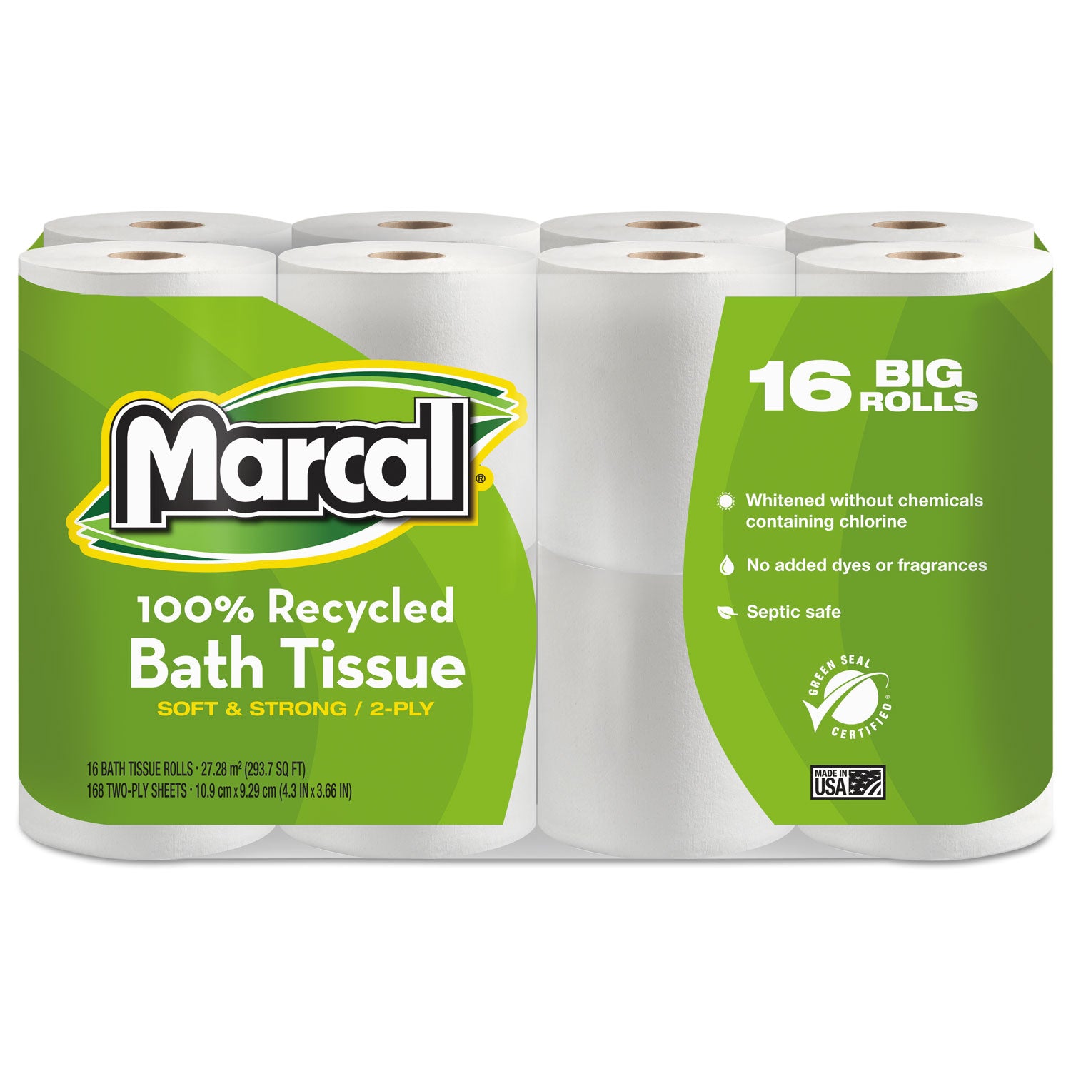 Marcal® 100% Recycled 2-Ply Eco-Friendly Septic-Safe Bathroom Tissue, White, 168 Sheets/Roll, 96 Rolls/Carton