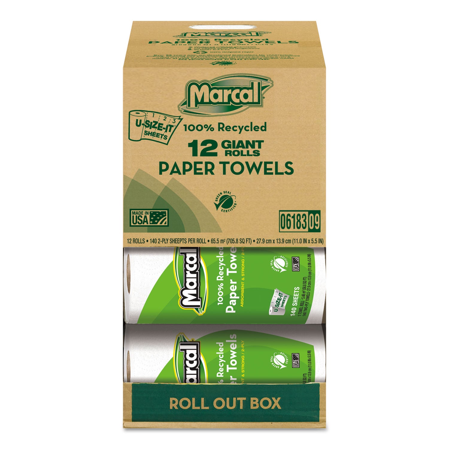 100% Premium Recycled Kitchen Roll Towels, Roll Out Box, 2-Ply, 11 x 5.5, White, 140 Sheets, 12 Rolls/Carton