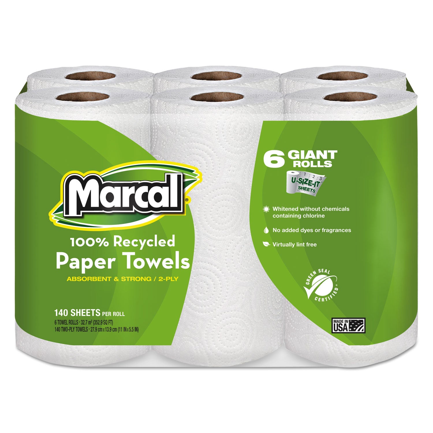 100% Premium Recycled Kitchen Roll Towels, 2-Ply, 11 x 5.5, White, 140/Roll, 6 Rolls/Pack