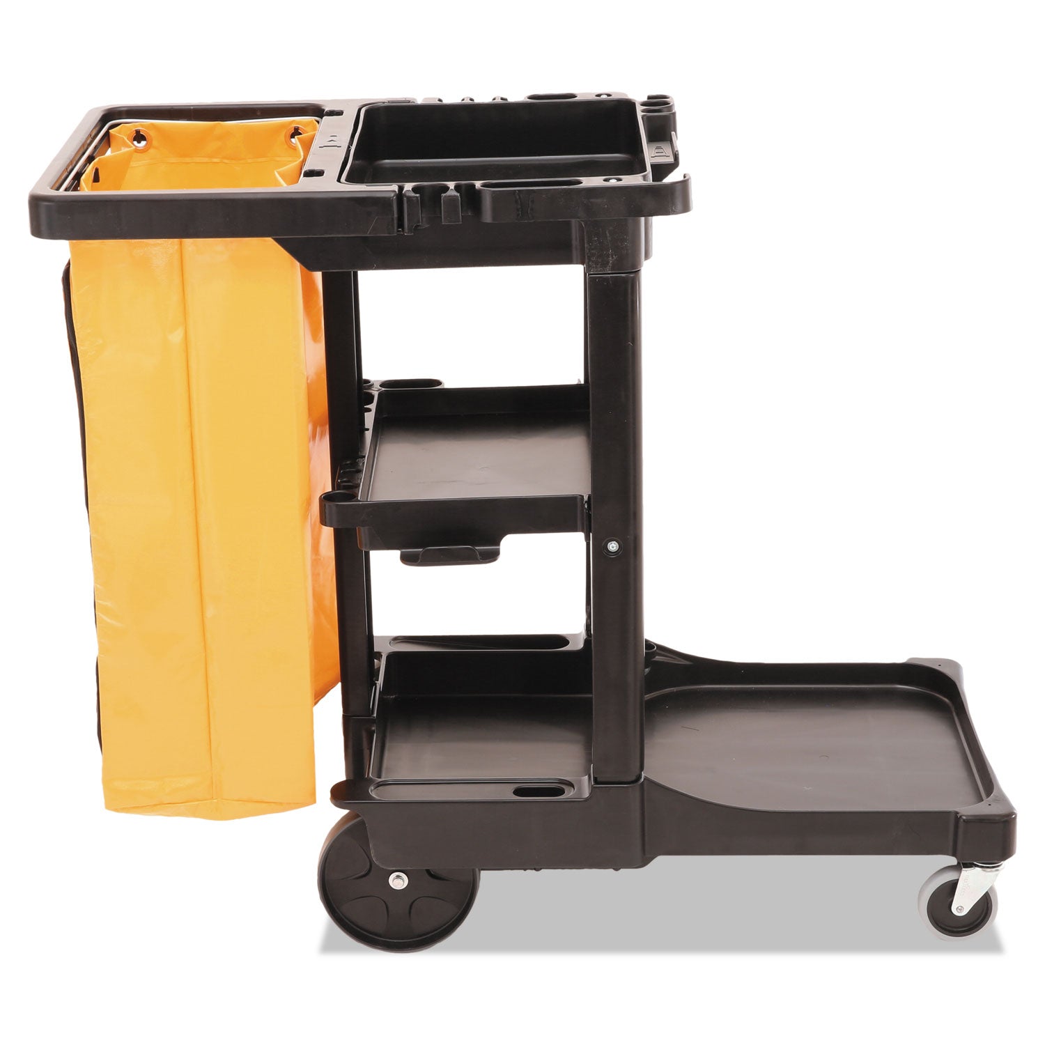 Multi-Shelf Cleaning Cart, Plastic, 4 Shelves, 1 Bin, 20" x 45" x 38.25", Black