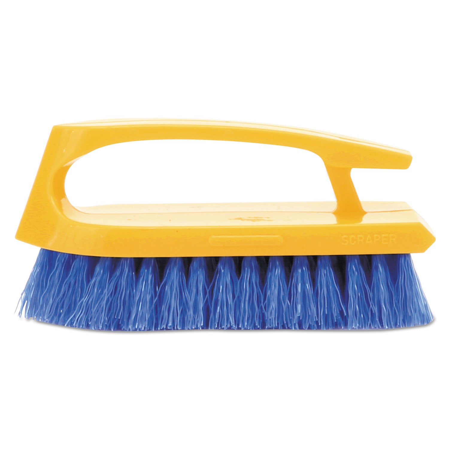 Rubbermaid® Commercial Iron-Shaped Handle Scrub Brush, Blue Polypropylene Bristles, 6" Brush, 6" Yellow Plastic Handle