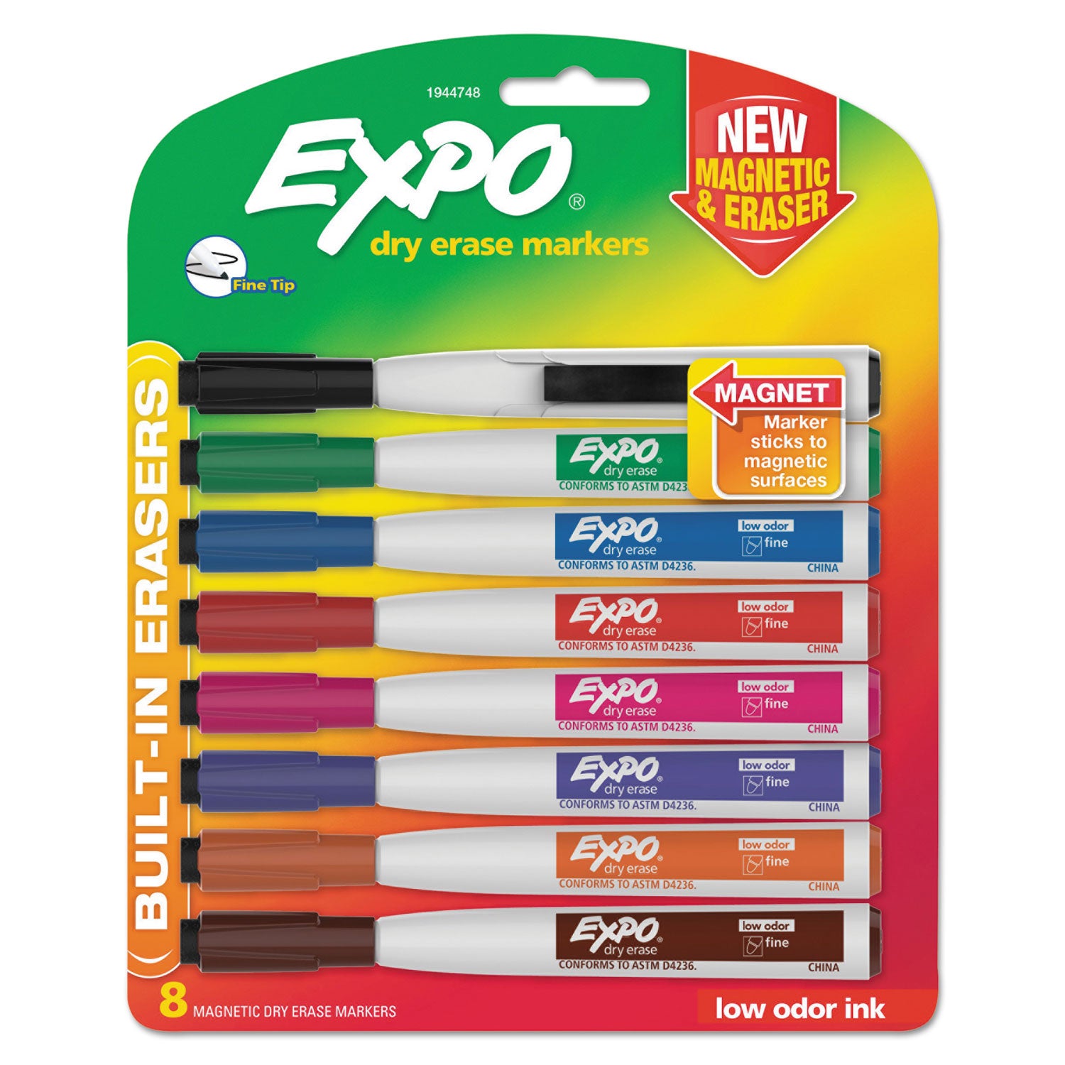 Magnetic Dry Erase Marker, Fine Bullet Tip, Assorted Colors, 8/Pack