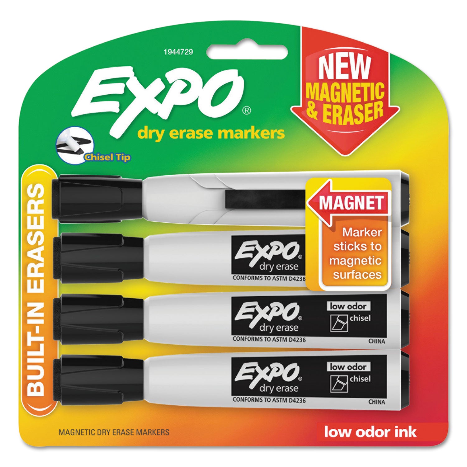 EXPO® Magnetic Dry Erase Marker, Broad Chisel Tip, Black, 4/Pack