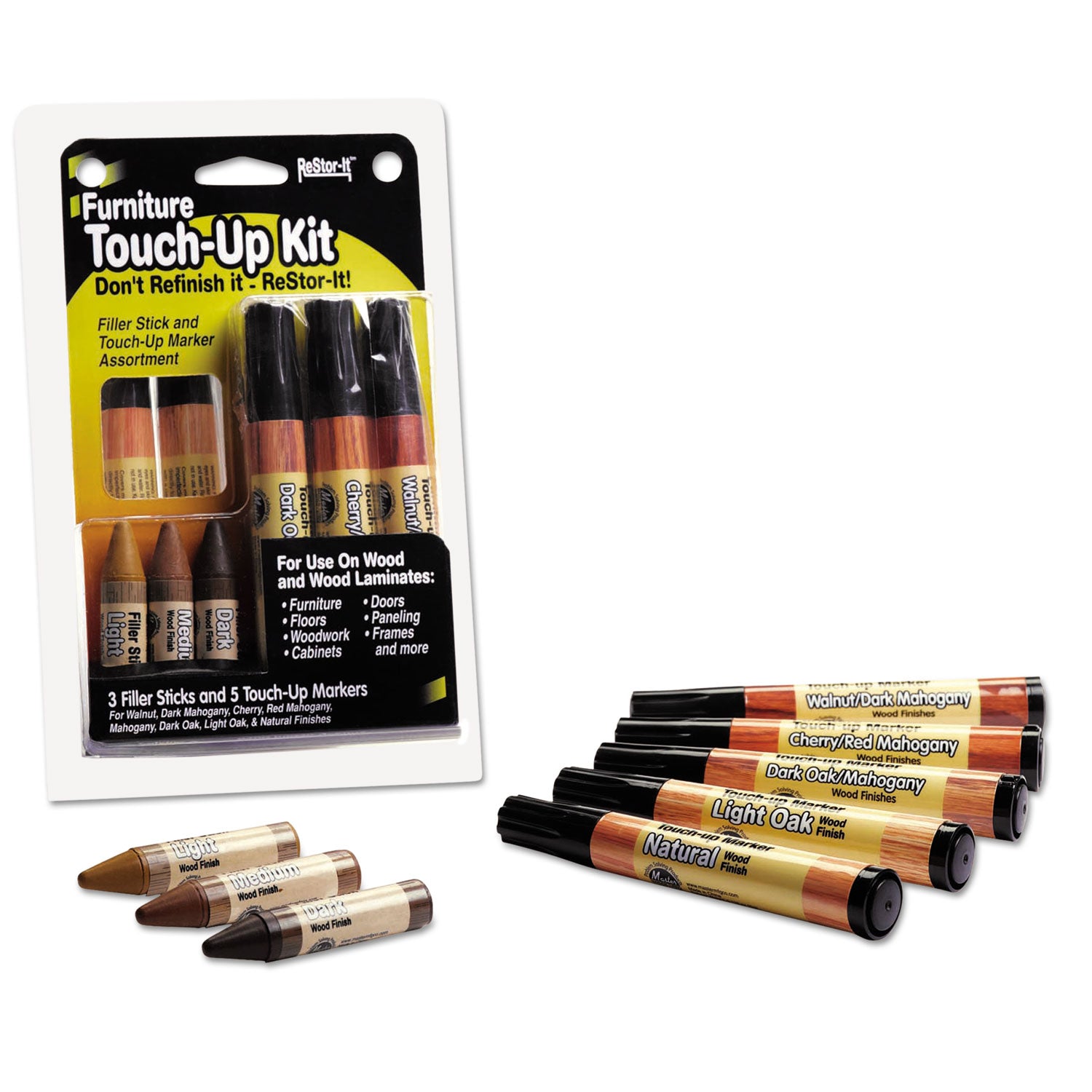 Master Caster® ReStor-It Furniture Touch-Up Kit with (5) Woodgrain Markers, (3) Filler Sticks, 4.25 x 0.38 x 6.75