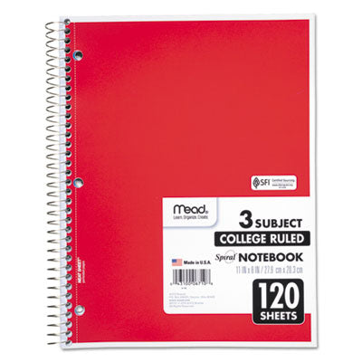 Mead® Spiral Notebook, 3-Subject, Medium/College Rule, Randomly Assorted Cover Color, (120) 11 x 8 Sheets - Flipcost