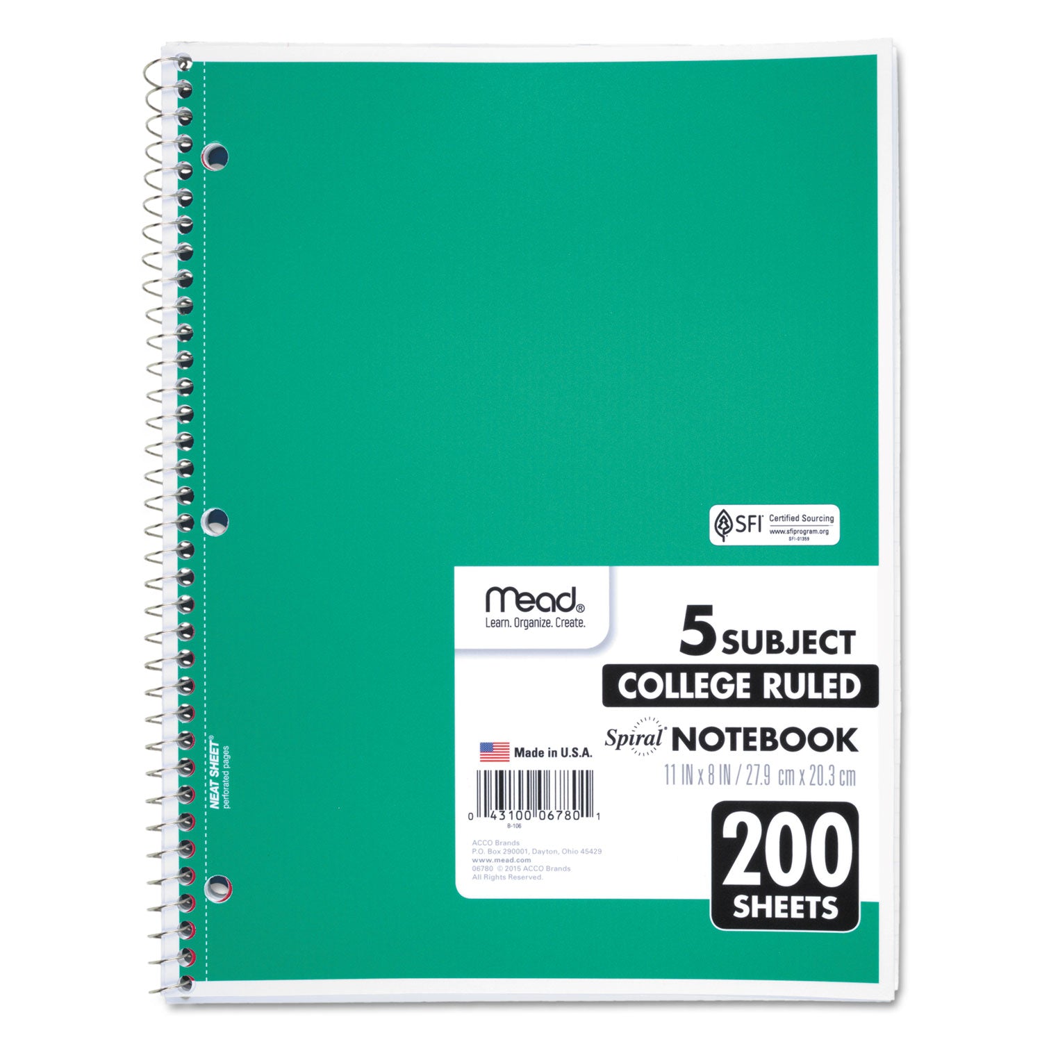 Mead® Spiral Notebook, 5-Subject, Medium/College Rule, Randomly Assorted Cover Color, (200) 11 x 8 Sheets