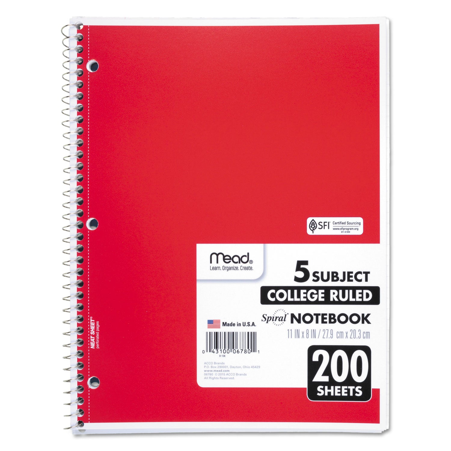 Mead® Spiral Notebook, 5-Subject, Medium/College Rule, Randomly Assorted Cover Color, (200) 11 x 8 Sheets