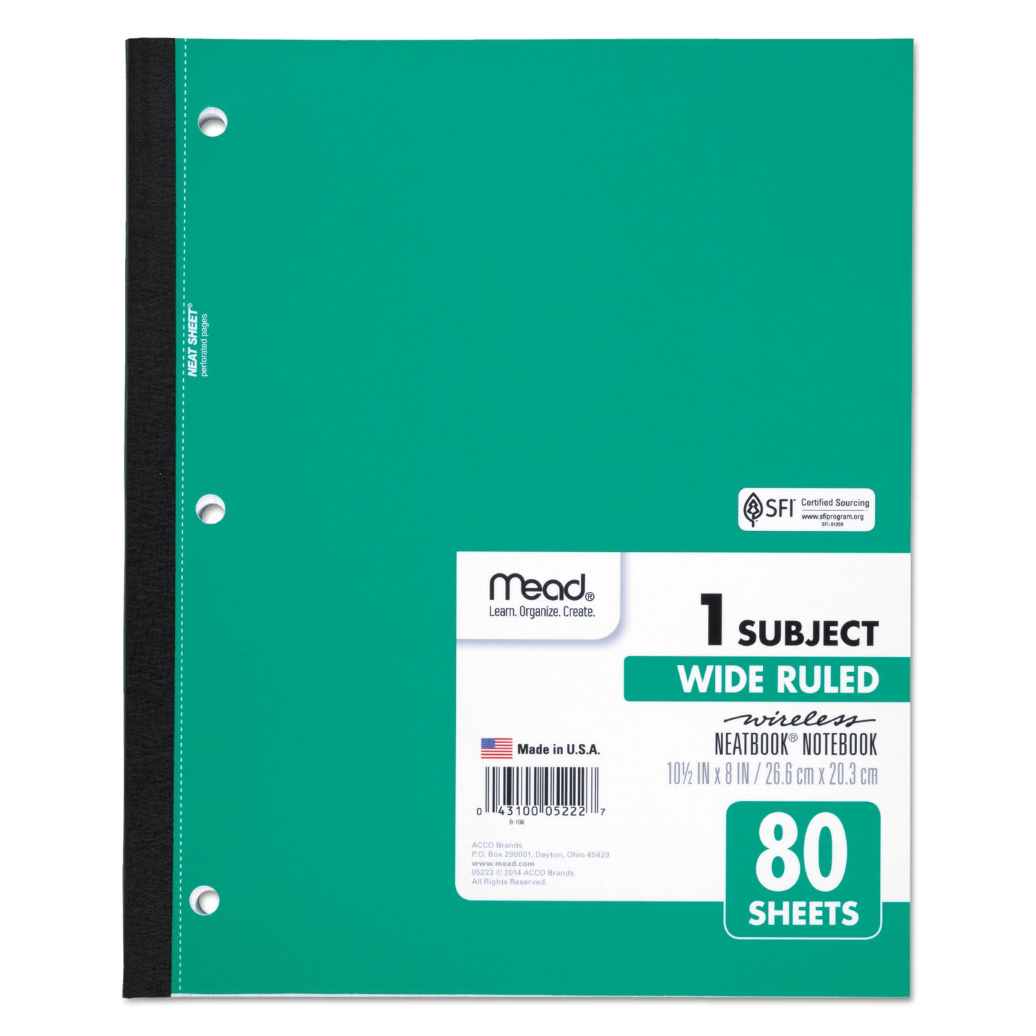 Mead® Wireless Neatbook Notebook, 1-Subject, Wide/Legal Rule, Randomly Assorted Cover Color, (80) 10.5 x 8 Sheets