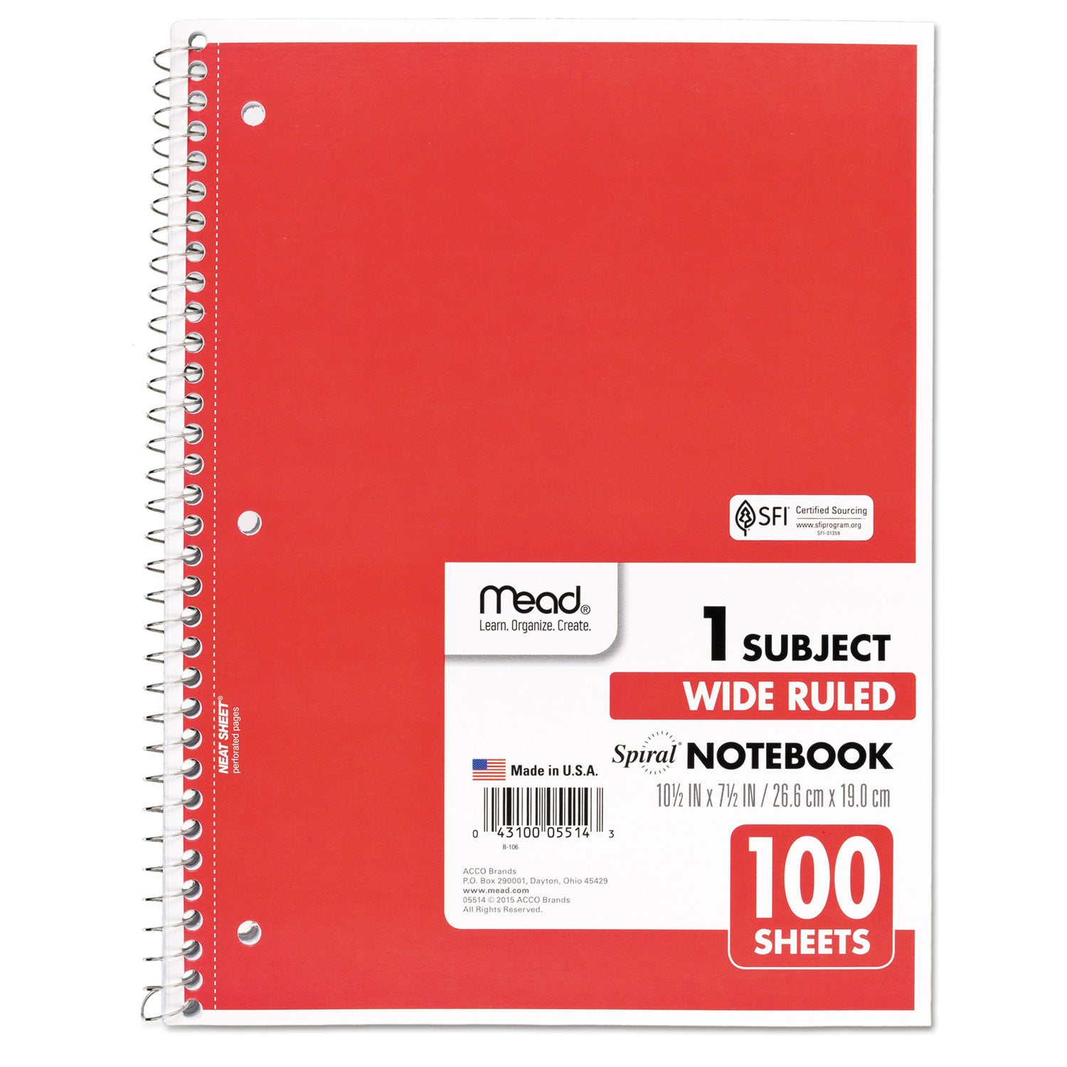 Mead® Spiral Notebook, 3-Hole Punched, 1-Subject, Wide/Legal Rule, Randomly Assorted Cover Color, (100) 10.5 x 7.5 Sheets