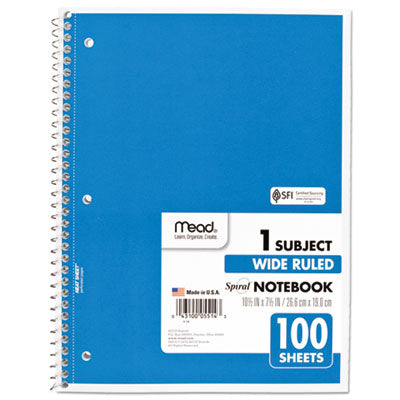 Mead® Spiral Notebook, 3-Hole Punched, 1-Subject, Wide/Legal Rule, Randomly Assorted Cover Color, (100) 10.5 x 7.5 Sheets - Flipcost