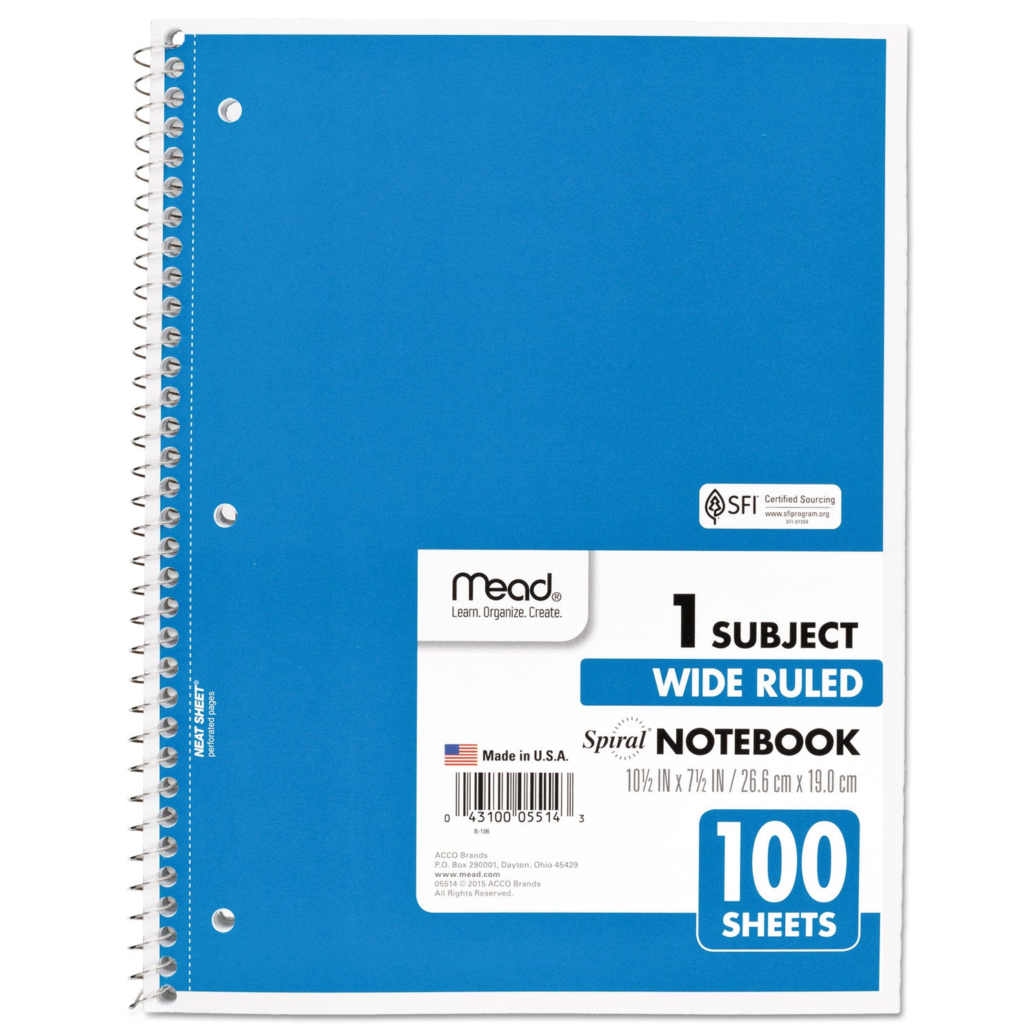 Mead® Spiral Notebook, 3-Hole Punched, 1-Subject, Wide/Legal Rule, Randomly Assorted Cover Color, (100) 10.5 x 7.5 Sheets