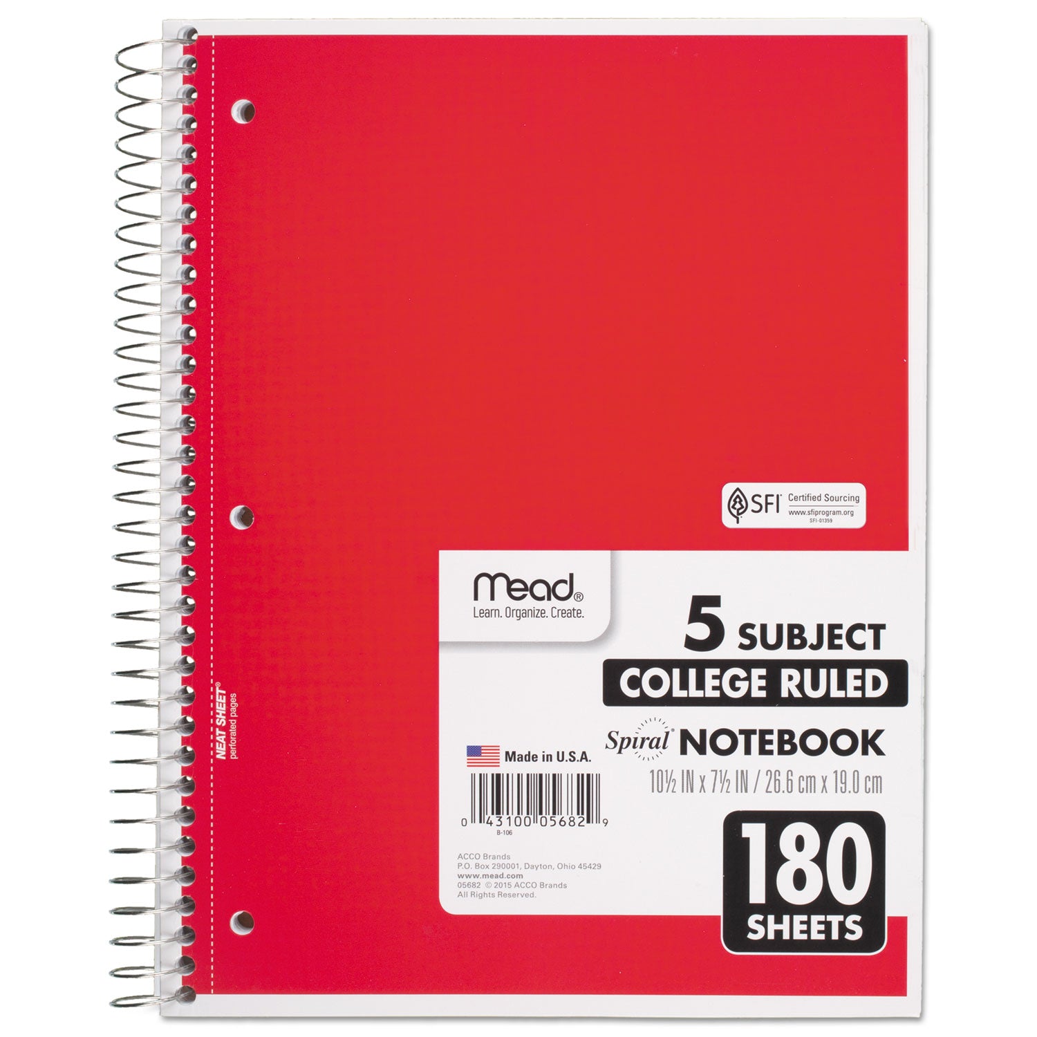 Mead® Spiral Notebook, 5-Subject, Medium/College Rule, Randomly Assorted Cover Color, (180) 10.5 x 8 Sheets