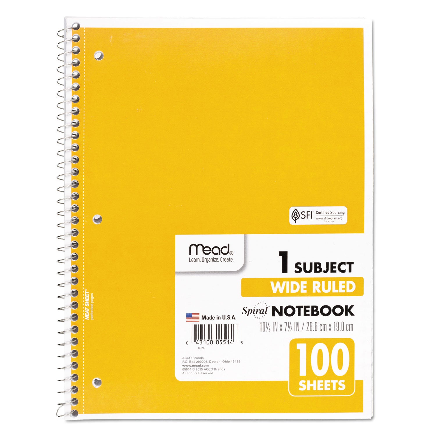 Mead® Spiral Notebook, 3-Hole Punched, 1-Subject, Wide/Legal Rule, Randomly Assorted Cover Color, (100) 10.5 x 7.5 Sheets