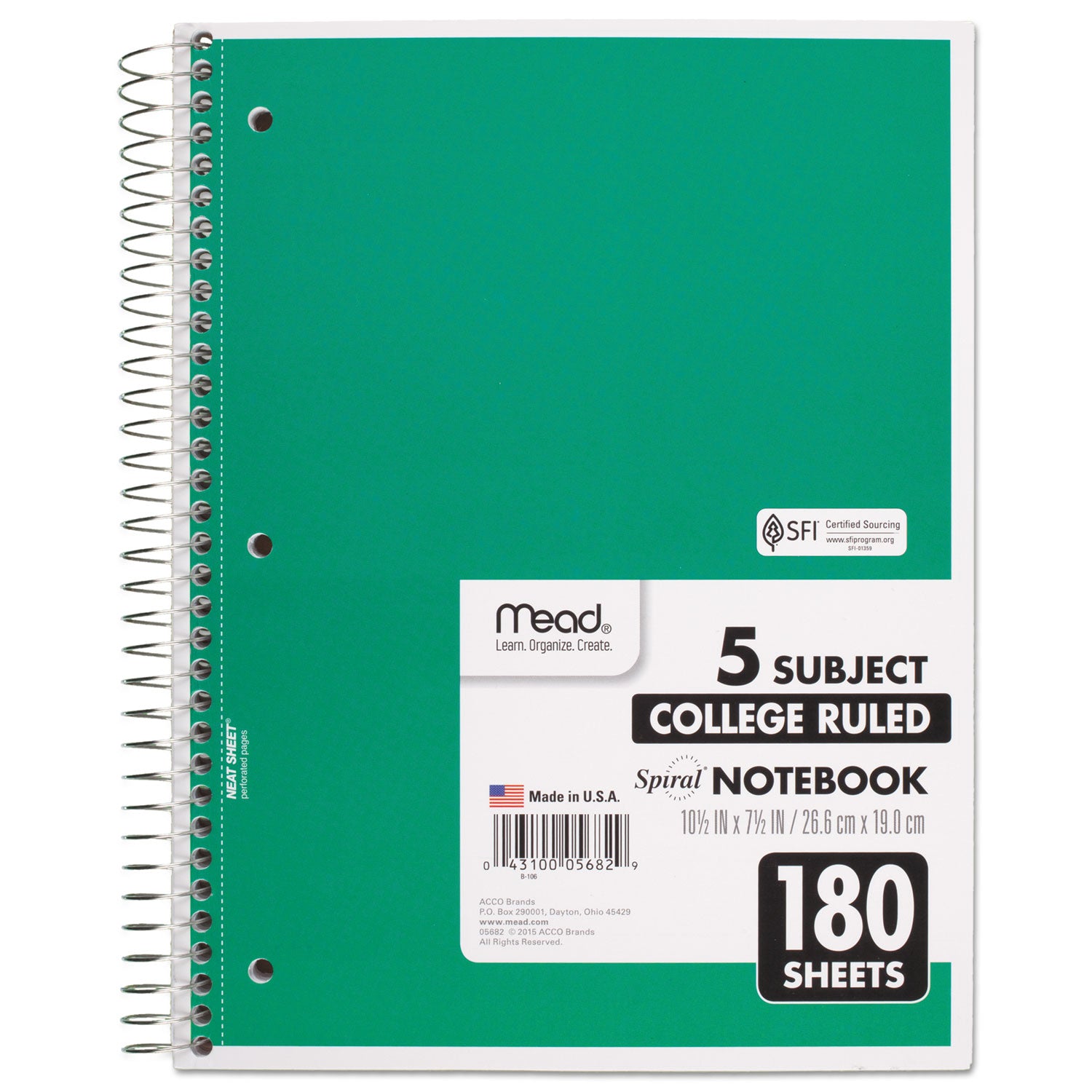 Mead® Spiral Notebook, 5-Subject, Medium/College Rule, Randomly Assorted Cover Color, (180) 10.5 x 8 Sheets