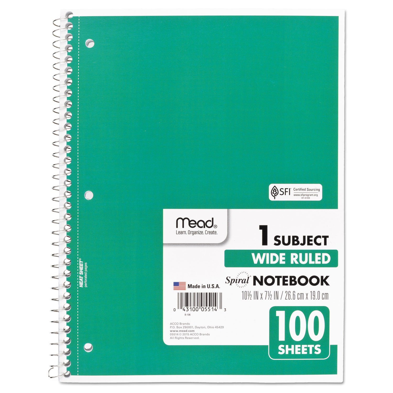 Mead® Spiral Notebook, 3-Hole Punched, 1-Subject, Wide/Legal Rule, Randomly Assorted Cover Color, (100) 10.5 x 7.5 Sheets