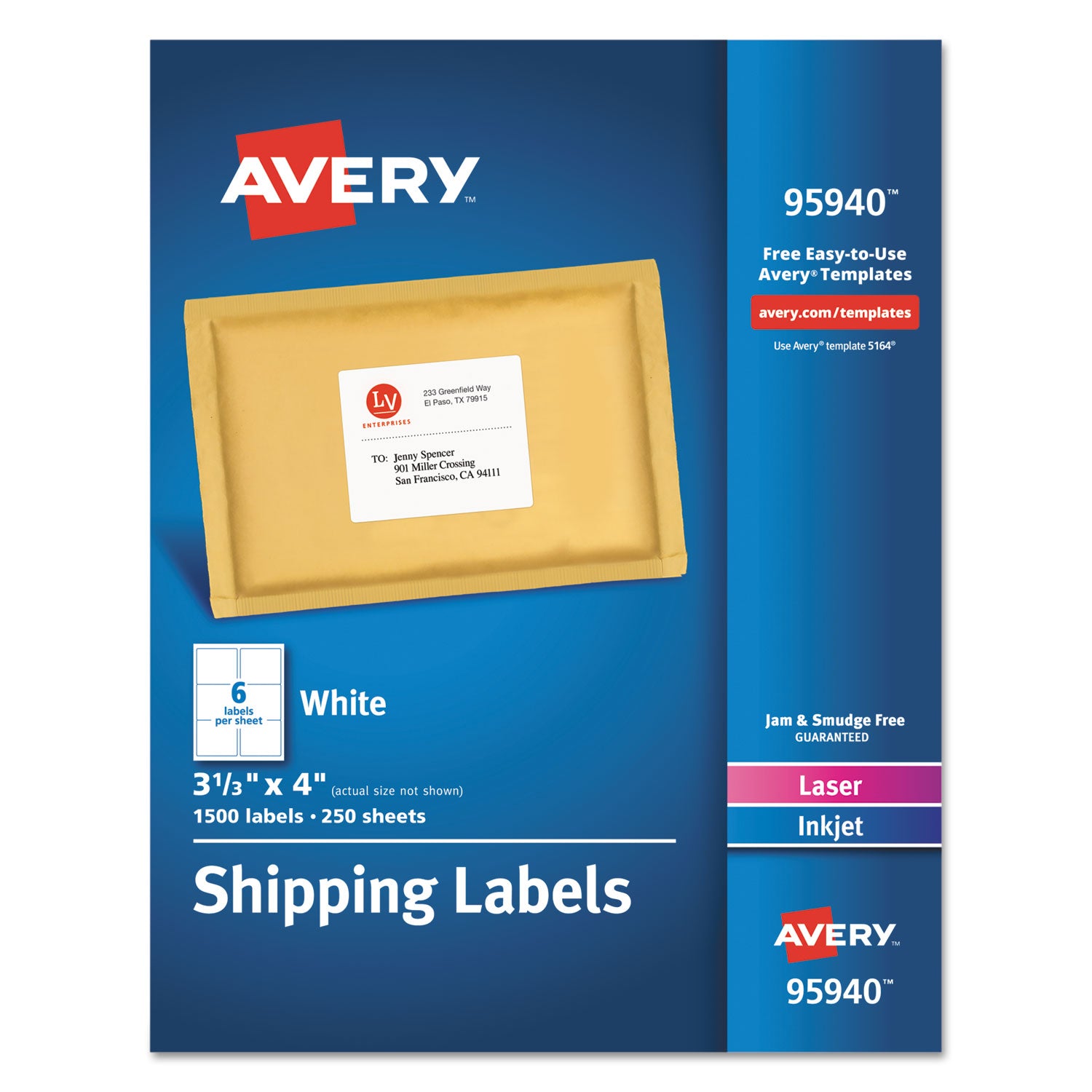 White Shipping Labels-Bulk Packs, Inkjet/Laser Printers, 3.33 x 4, White, 6/Sheet, 250 Sheets/Box