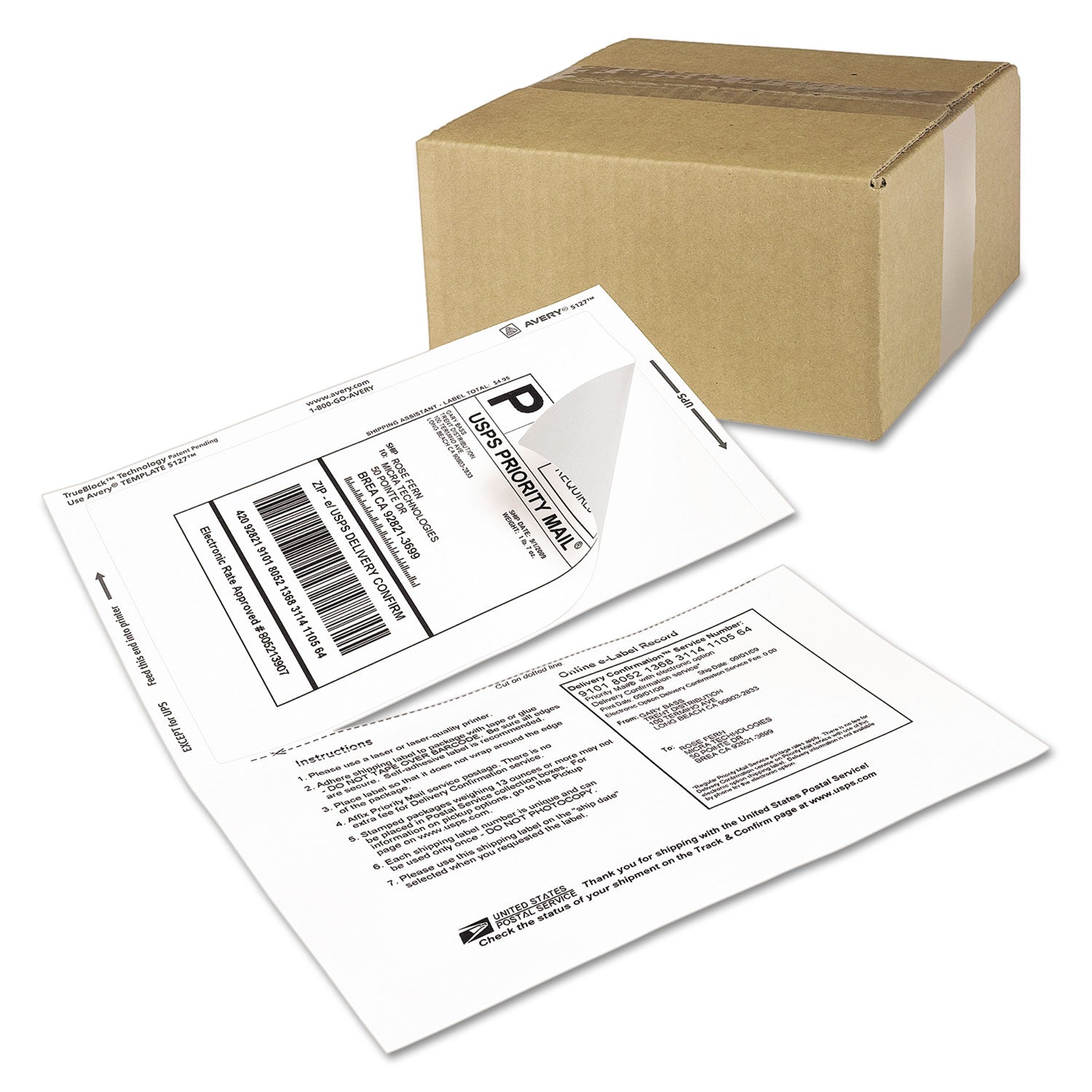 Avery® Shipping Labels with Paper Receipt and TrueBlock Technology, Inkjet/Laser Printers, 5.06 x 7.63, White, 50/Pack