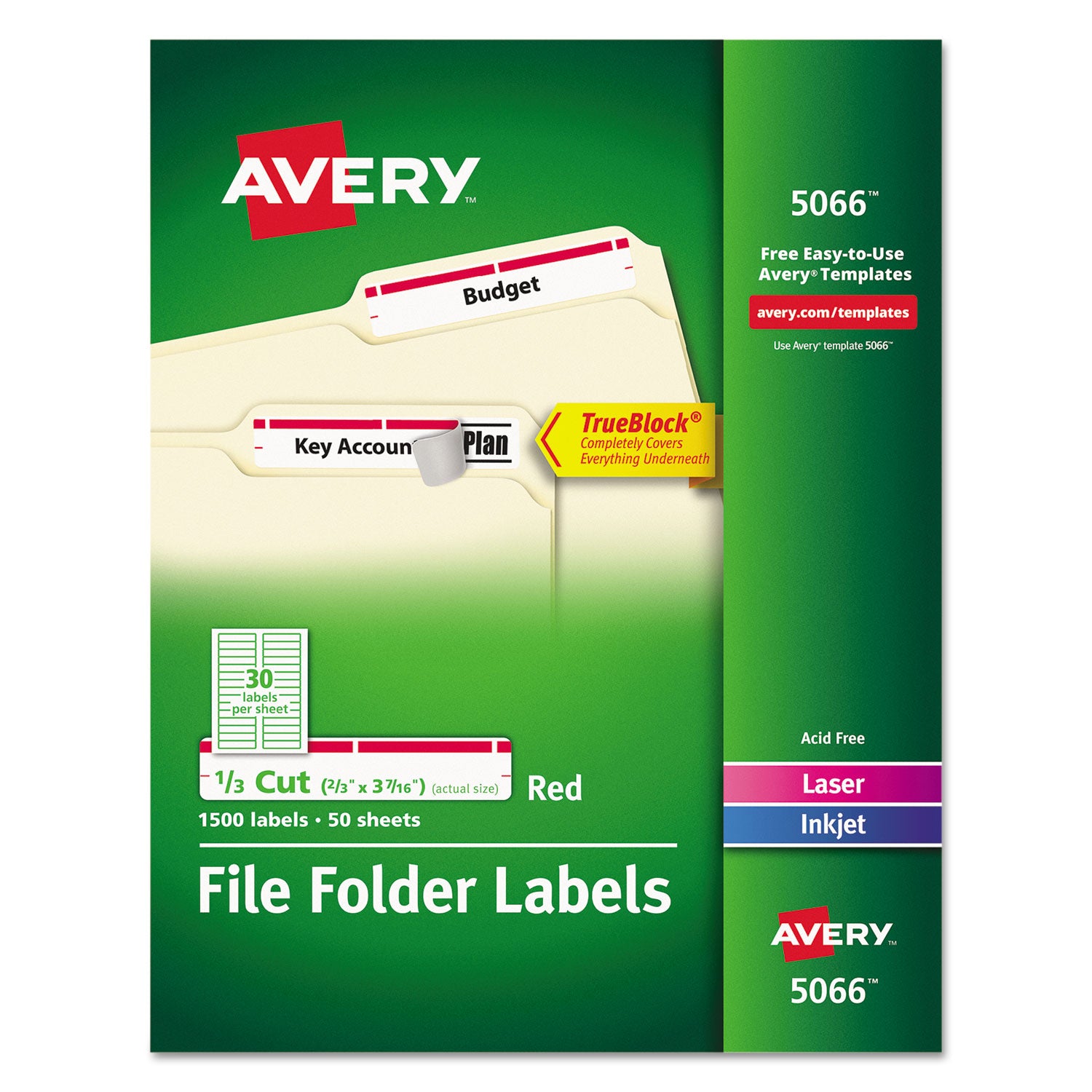 Permanent TrueBlock File Folder Labels with Sure Feed Technology, 0.66 x 3.44, White, 30/Sheet, 50 Sheets/Box