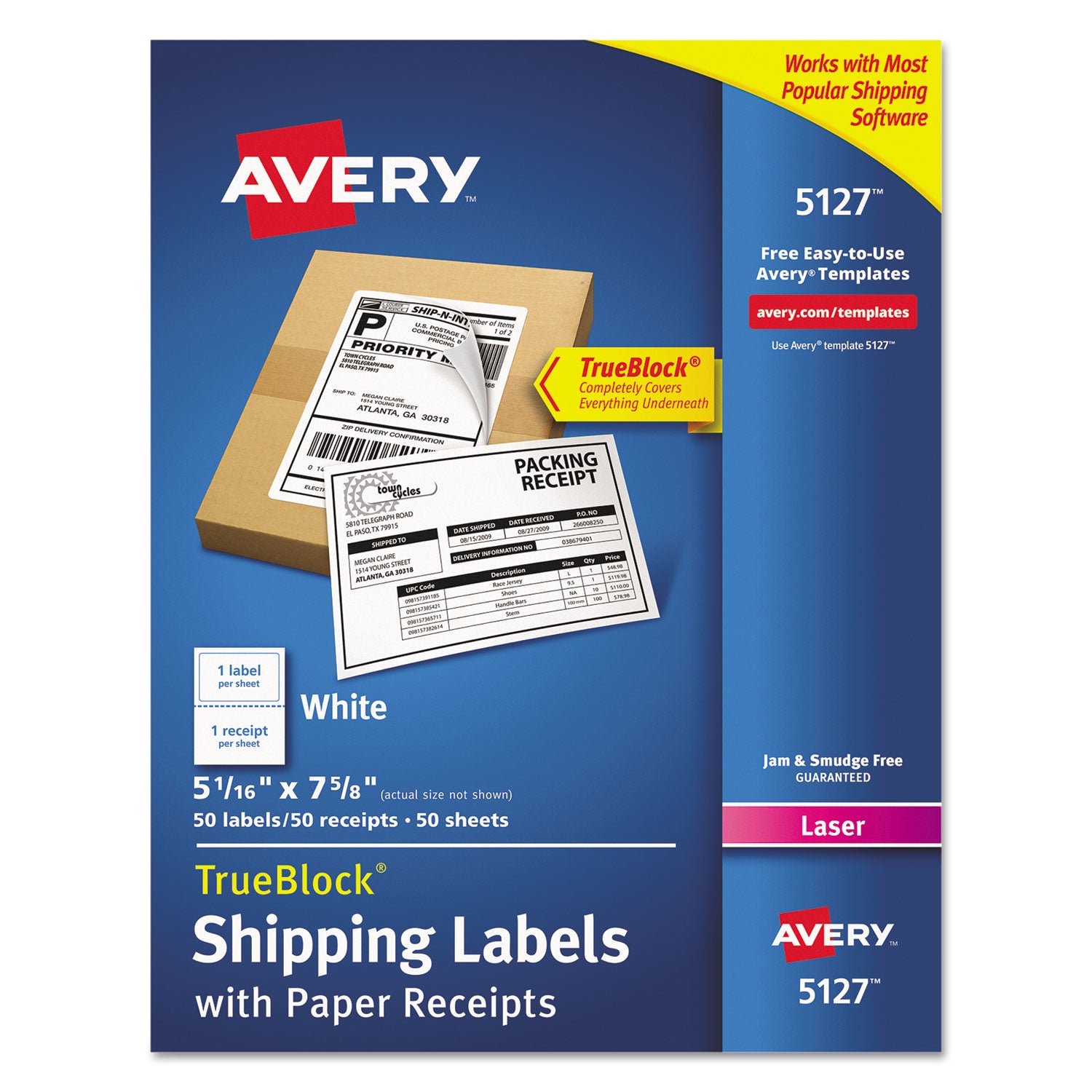 Shipping Labels with Paper Receipt and TrueBlock Technology, Inkjet/Laser Printers, 5.06 x 7.63, White, 50/Pack