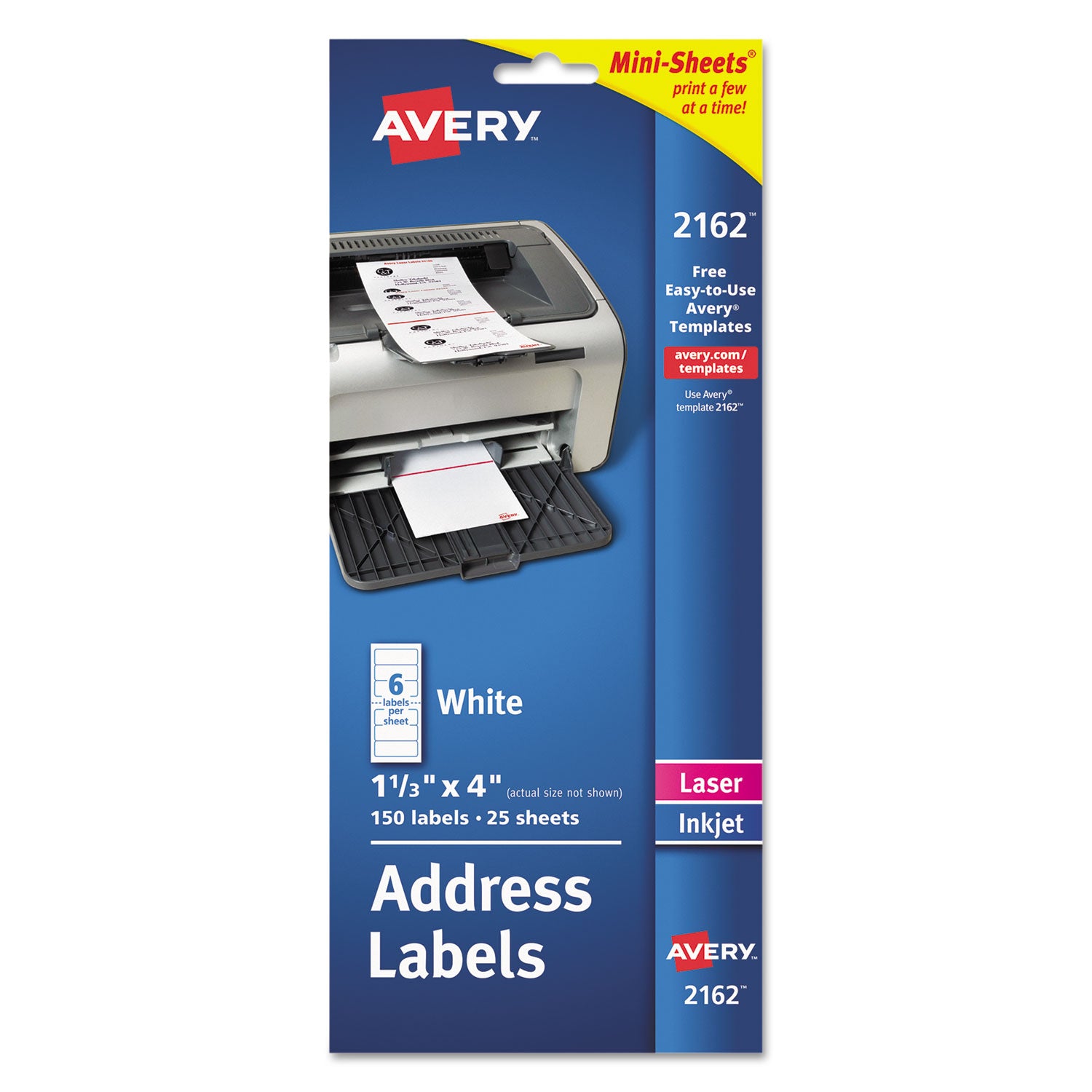 Mini-Sheets Mailing Labels, Inkjet/Laser Printers, 1 x 2.63, White, 8/Sheet, 25 Sheets/Pack