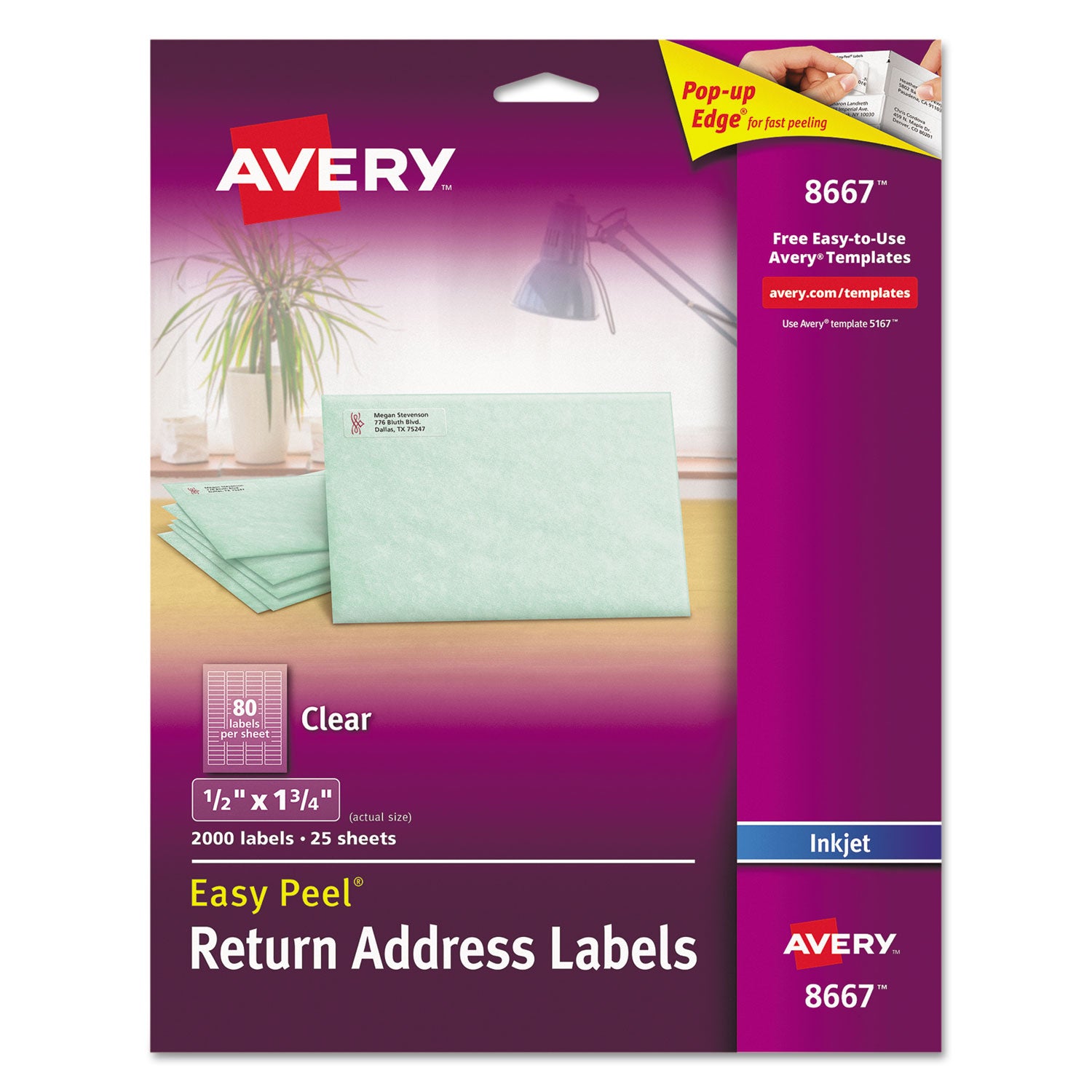 Matte Clear Easy Peel Mailing Labels with Sure Feed Technology, Inkjet Printers, 0.5 x 1.75, Clear, 80/Sheet, 25 Sheets/Pack