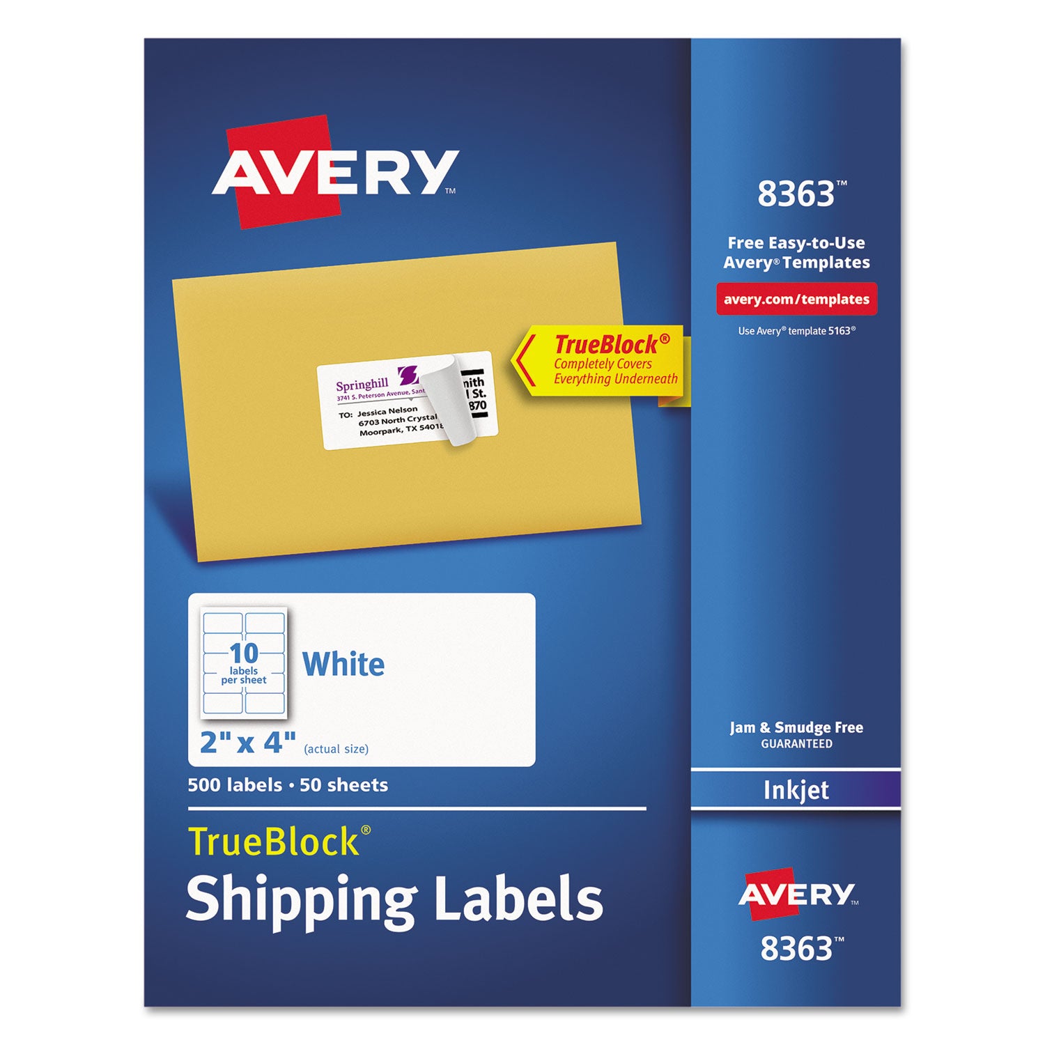 Shipping Labels w/ TrueBlock Technology, Inkjet Printers, 2 x 4, White, 10/Sheet, 50 Sheets/Box