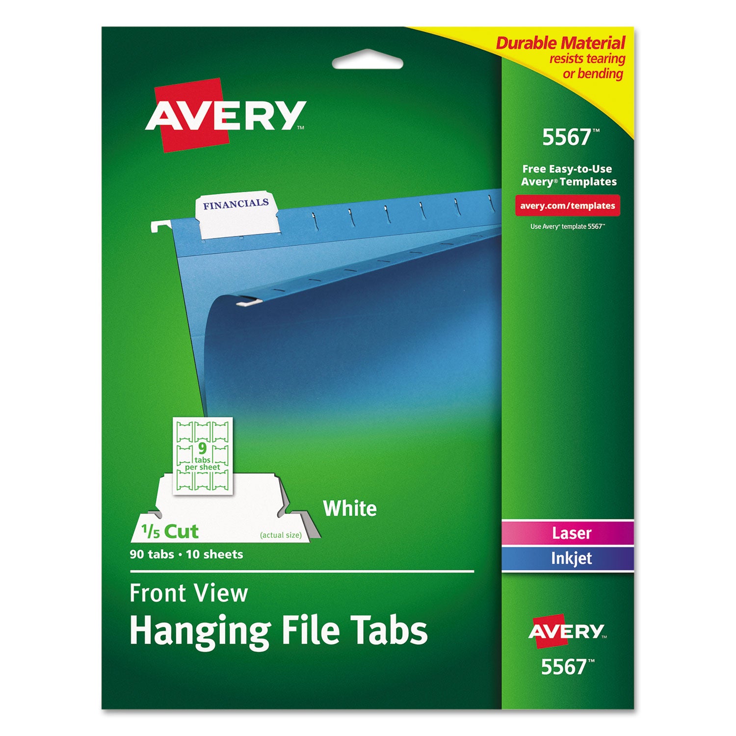 Laser Printable Hanging File Tabs, 1/5-Cut, White, 2.06" Wide, 90/Pack