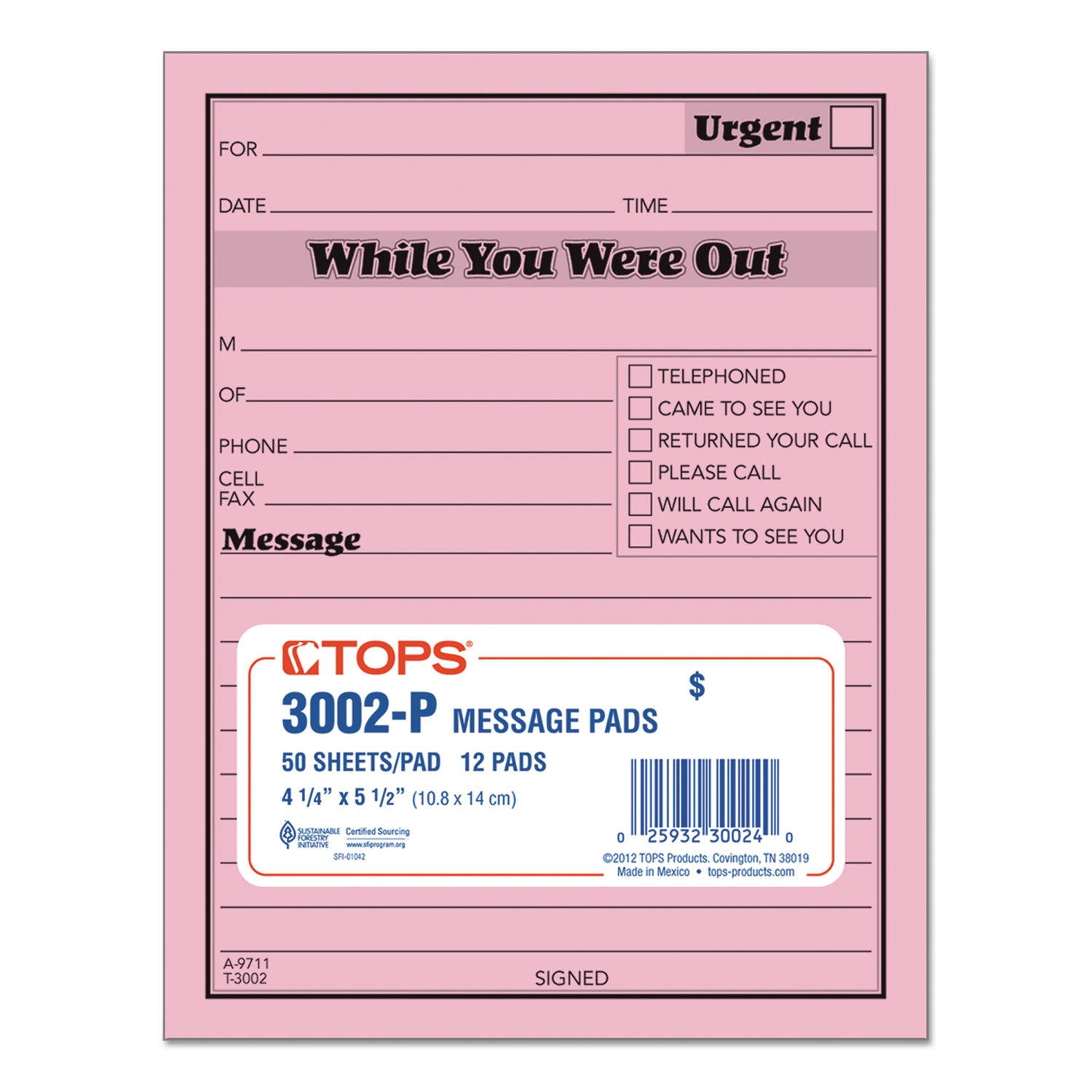 TOPS™ Pink Message Pad, One-Part (No Copies), 4.25 x 5.5, 50 Forms/Pad, 12 Pads/Pack