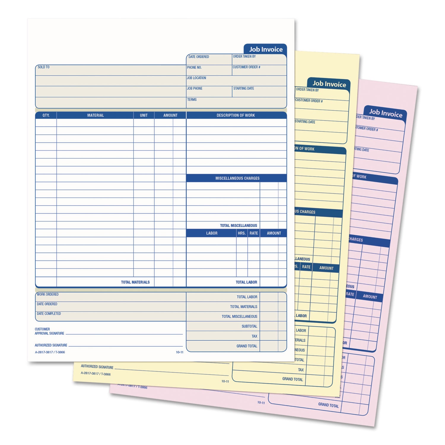 TOPS™ Job Invoice, Snap-Off Triplicate Form, Three-Part Carbonless, 8.5 x 11.63, 50 Forms Total